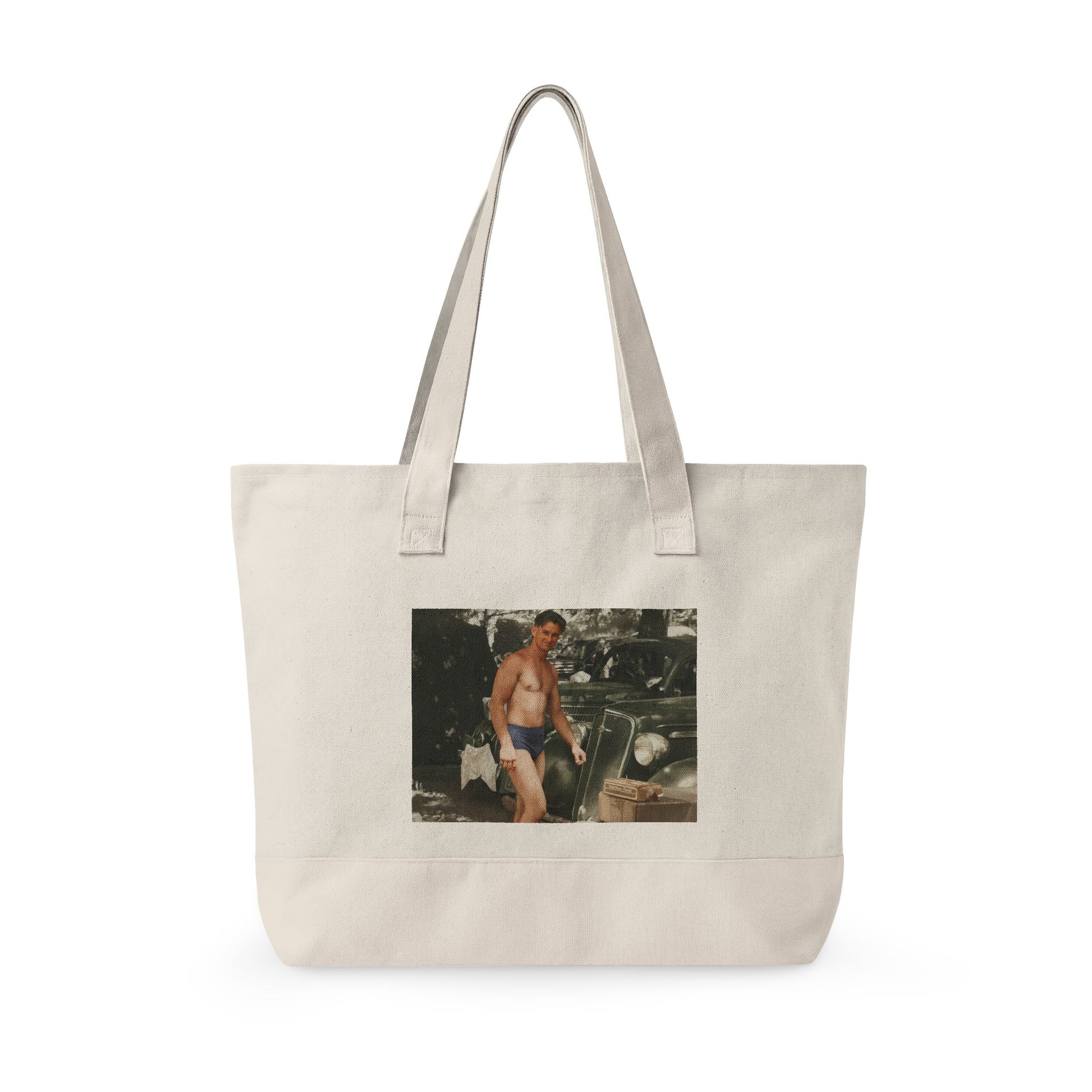 Restored vintage swim portrait with automobile tote bag 