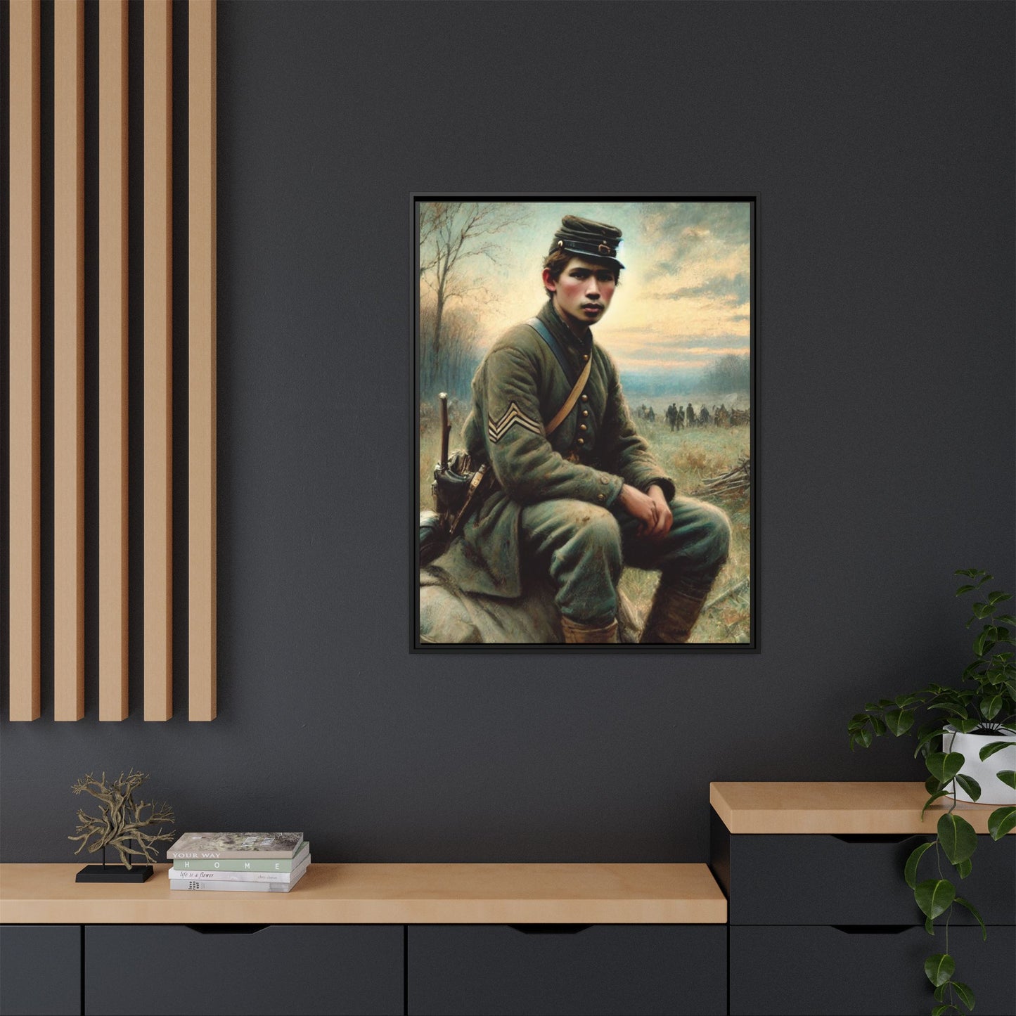 Framed artwork of a Civil War Union soldier inspired by Walt Whitman’s Leaves of Grass and Drum-Taps, depicting themes of sacrifice, strength, and vulnerability amidst a 19th-century battlefield.