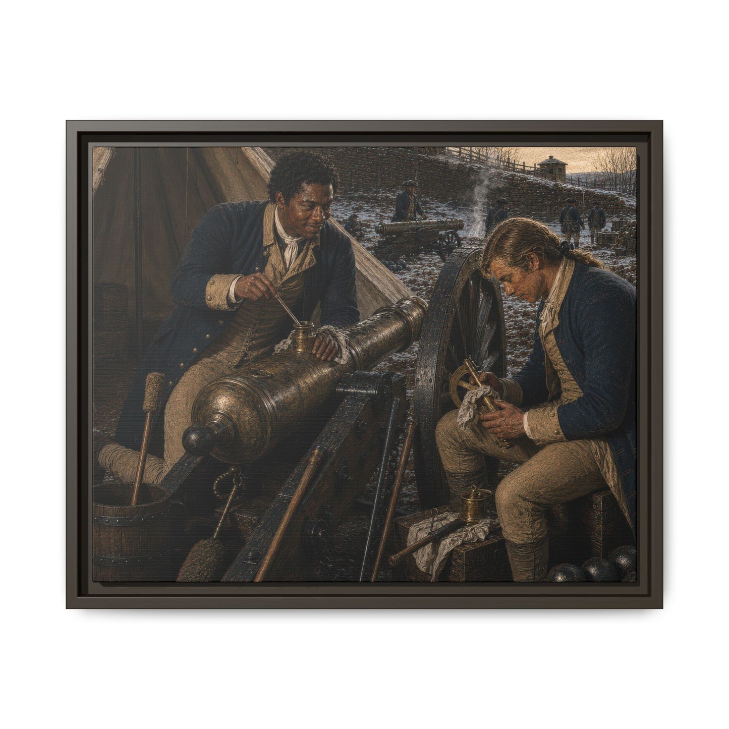 Black and white Continental Army artillerymen maintaining a Revolutionary War field cannon during winter quarters in museum-style historical oil painting.