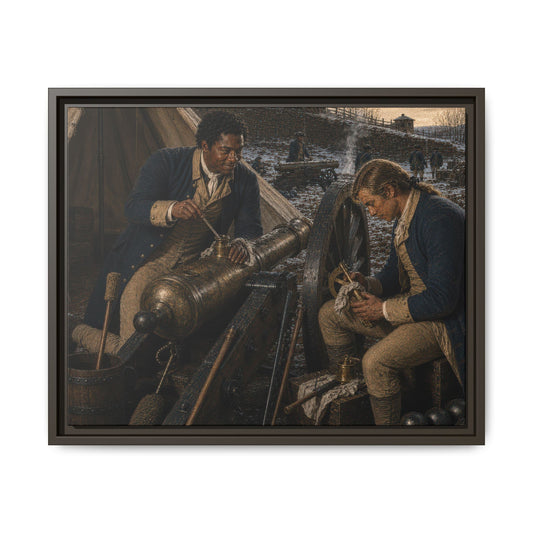Black and white Continental Army artillerymen maintaining a Revolutionary War field cannon during winter quarters in museum-style historical oil painting.