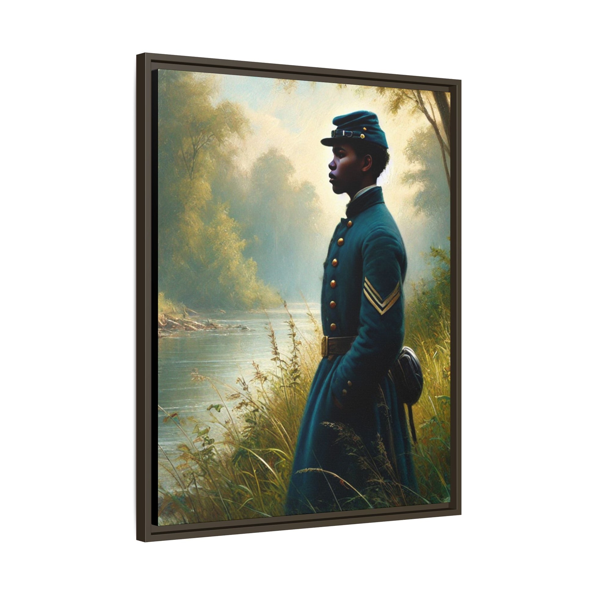 Portrait of an African American Union soldier standing solemnly by a riverside, inspired by Walt Whitman’s Leaves of Grass and Drum-Taps, honoring sacrifice, resilience, and history. Grant Wood Inspired