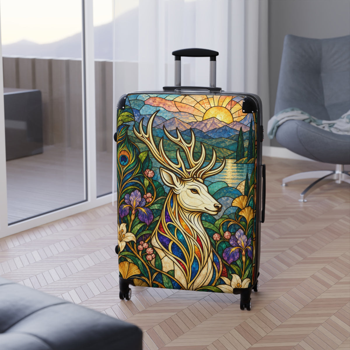 The Jeweled Sentinel Stained Glass Stag Suitcase | Aesthetic Movement Luggage