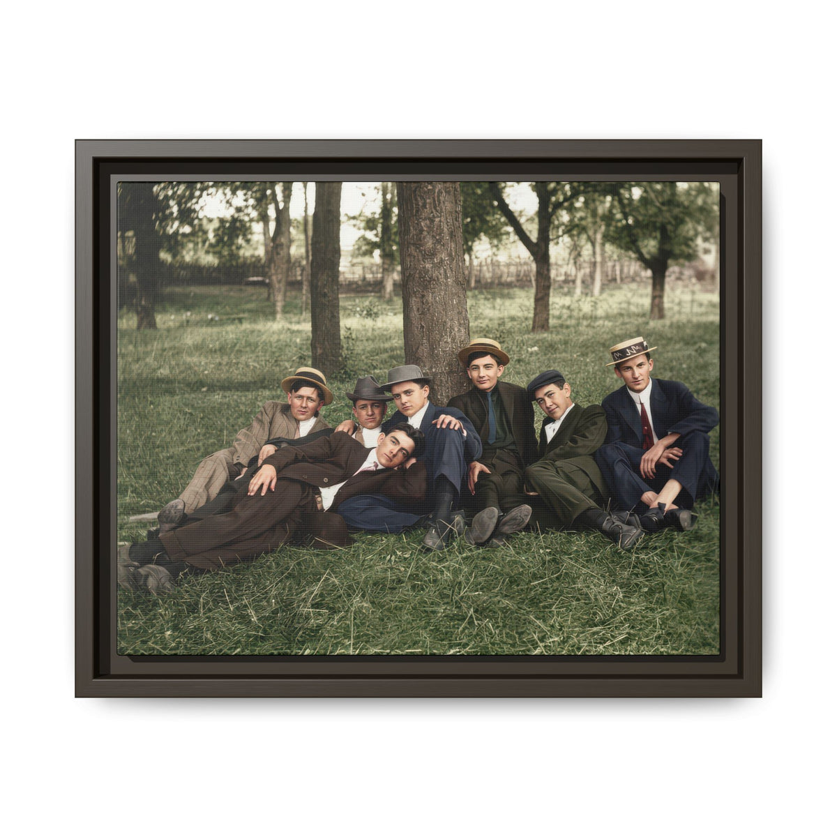 Hommes 005 image for framed matte canvas, showing a group beneath trees with arms across shoulders, grass, and a distant fence.