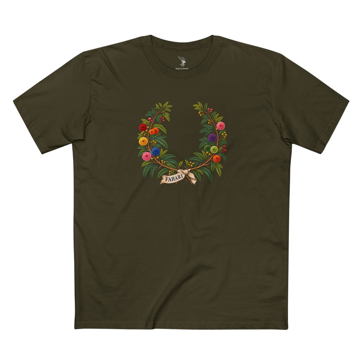 Kenyan acacia Pride laurel wreath with colorful blossoms and coral-rose FAHARI text for dark shirts