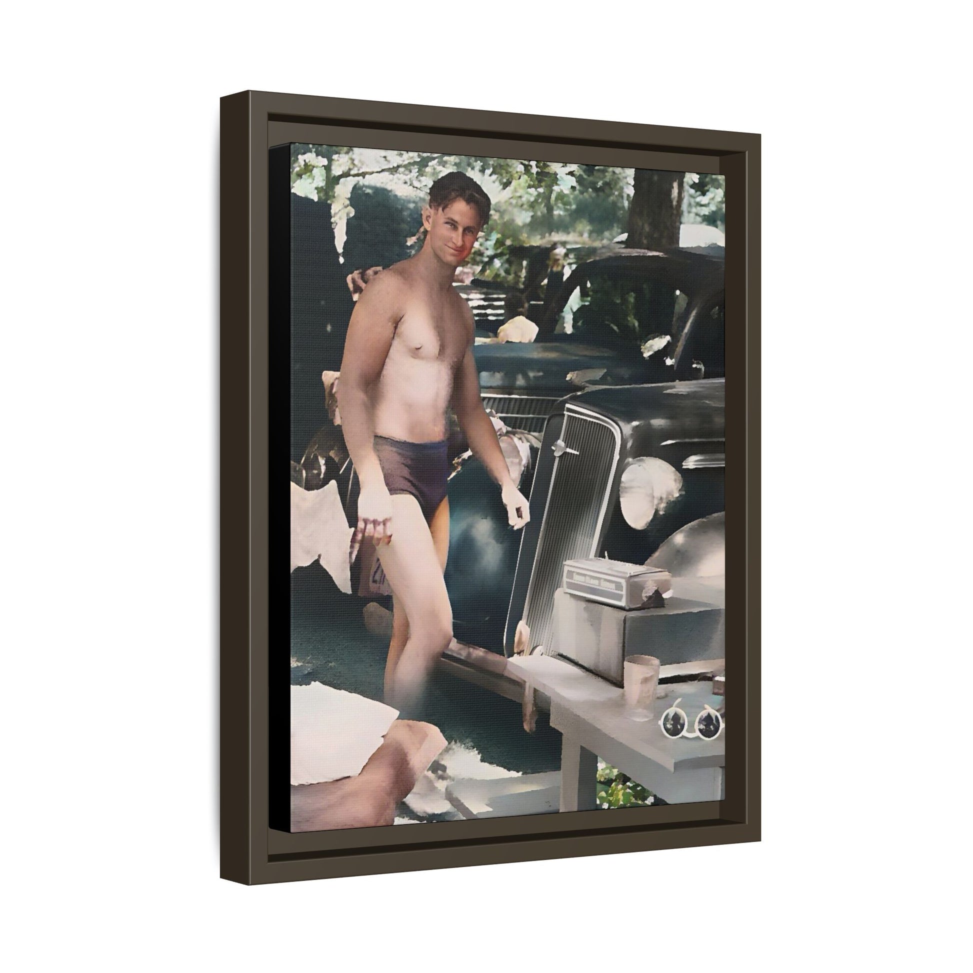 Restored 1930s photo of Jude standing by a vintage roadster in Cleveland OH, framed matte canvas art.