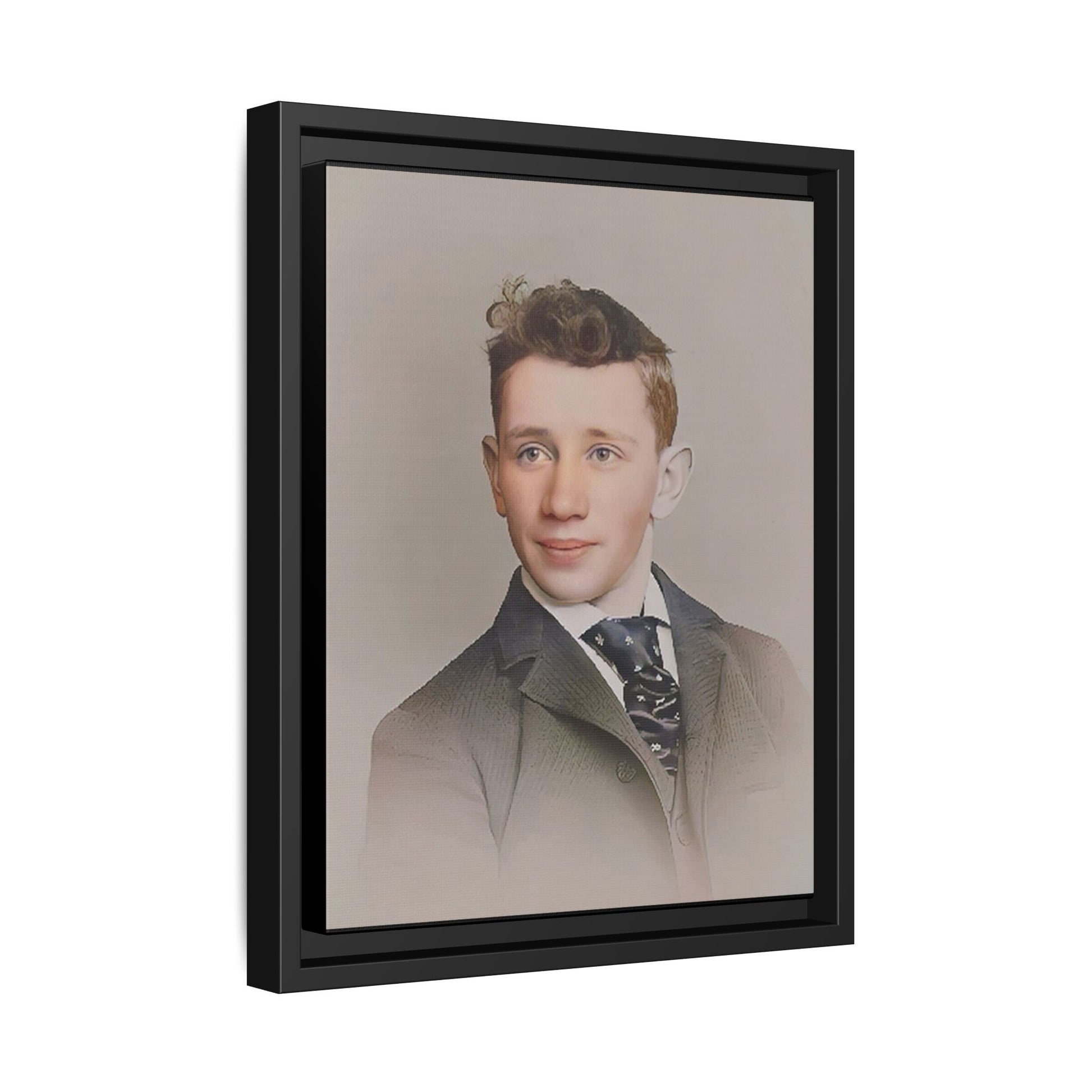 Restored vintage portrait of Leo from early 1900s Milwaukee, Wisconsin, featuring refined elegance and a patterned cravat. Framed matte canvas print celebrating timeless style and individuality.