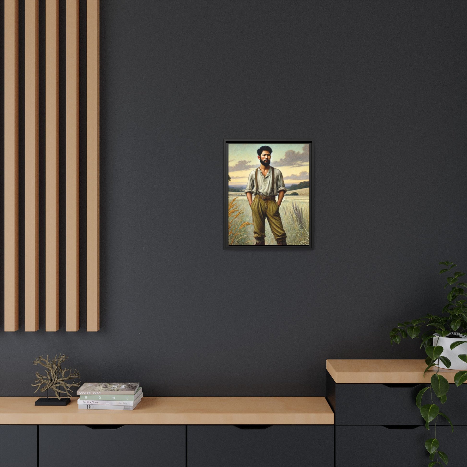 Framed artwork of an Asian-American farmer in 19th-century attire, inspired by Walt Whitman’s Leaves of Grass and Song of Myself, set against a serene rural backdrop of golden wheat fields and rolling hills.