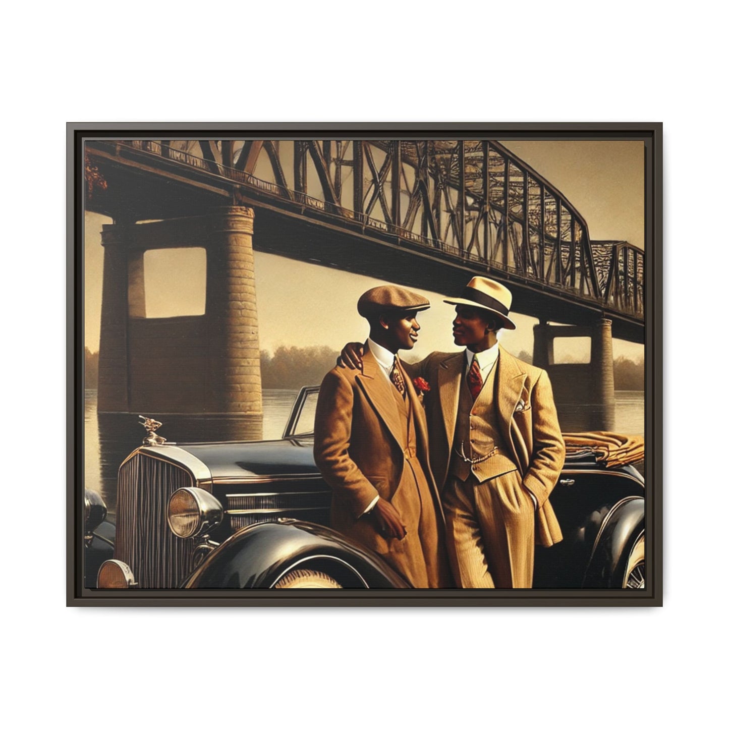 Vintage-style artwork of an African-American gay couple in the 1930s with a Packard car by the Mississippi River, celebrating love and inclusivity.