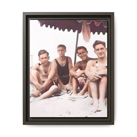 Restored vintage 1920s photograph of men enjoying a sunny beach day in Asbury Park, New Jersey, under a striped canopy. Framed matte canvas print celebrating LGBTQ+ history, joy, and camaraderie