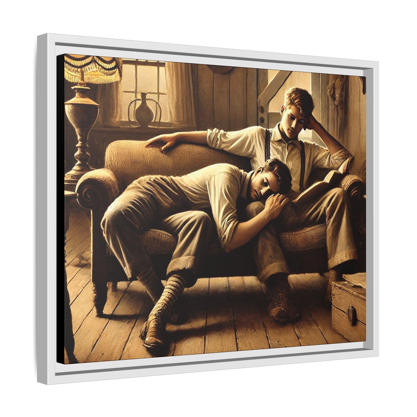 Art of a gay couple relaxing on a sofa in a rustic living room, inspired by Grant Wood’s Americana style.