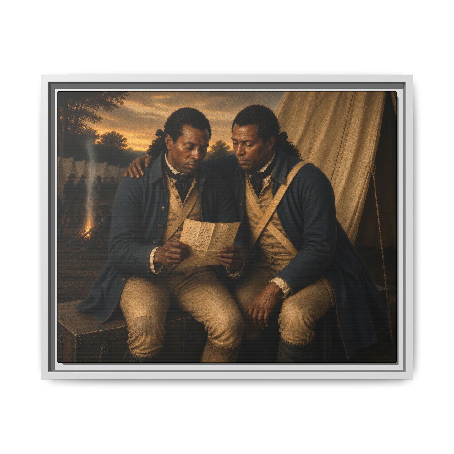 Museum-inspired historical portrait depicting African American soldiers examining a letter in a Revolutionary War encampment.