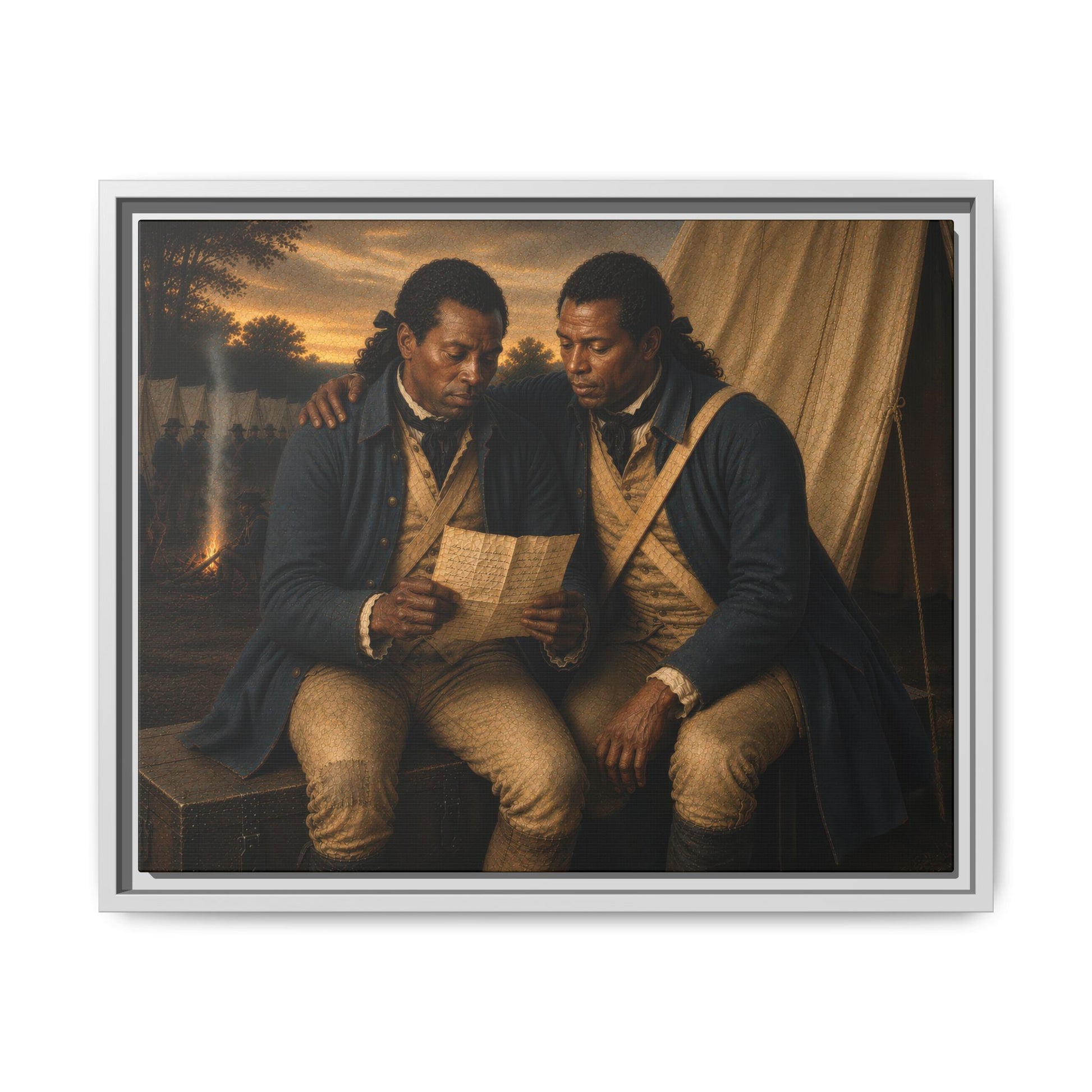 Museum-inspired historical portrait depicting African American soldiers examining a letter in a Revolutionary War encampment.