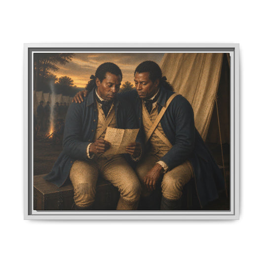 Museum-inspired historical portrait depicting African American soldiers examining a letter in a Revolutionary War encampment.