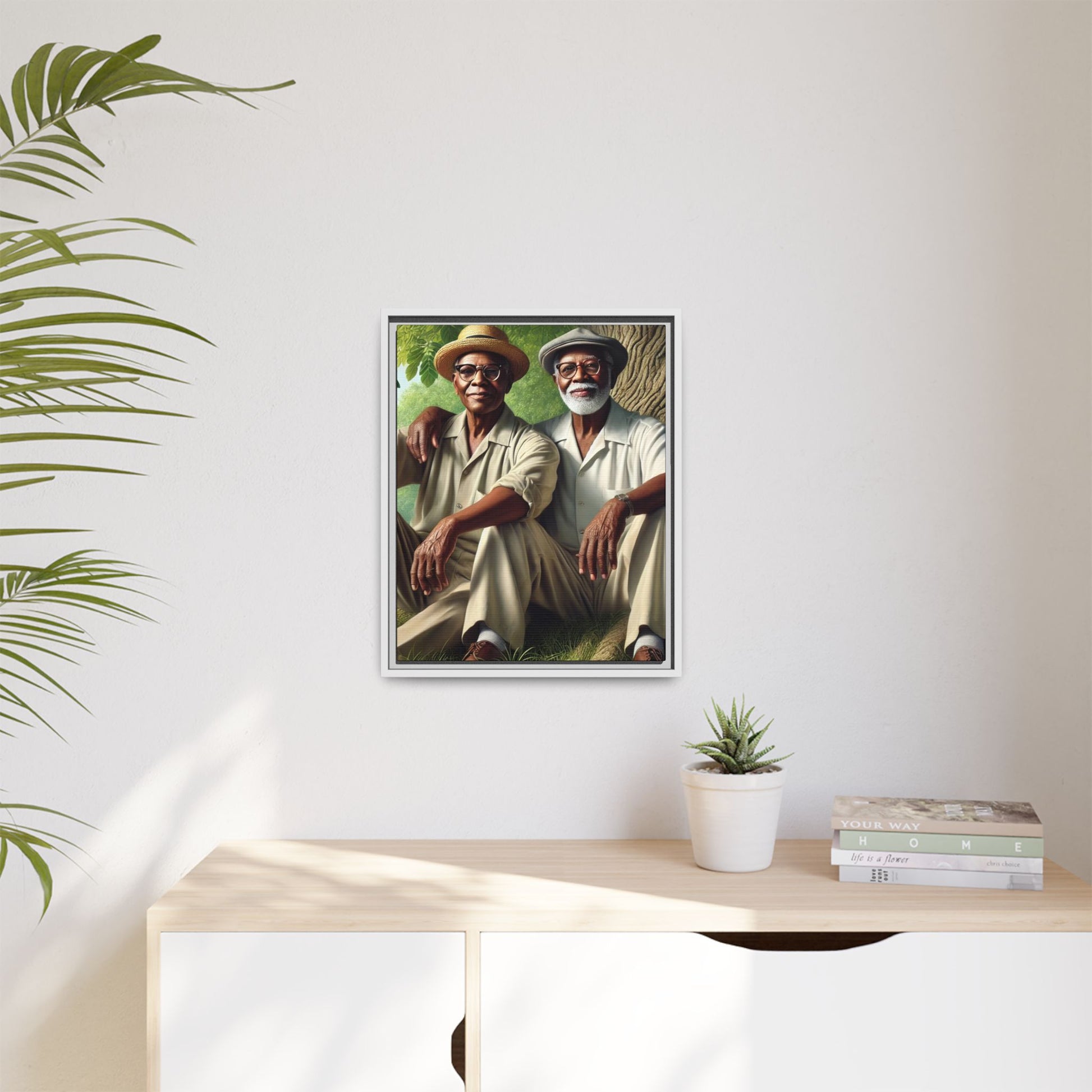 Framed artwork of a gay African-American couple in Cedar Rapids, Iowa, 1930s, celebrating love and resilience.