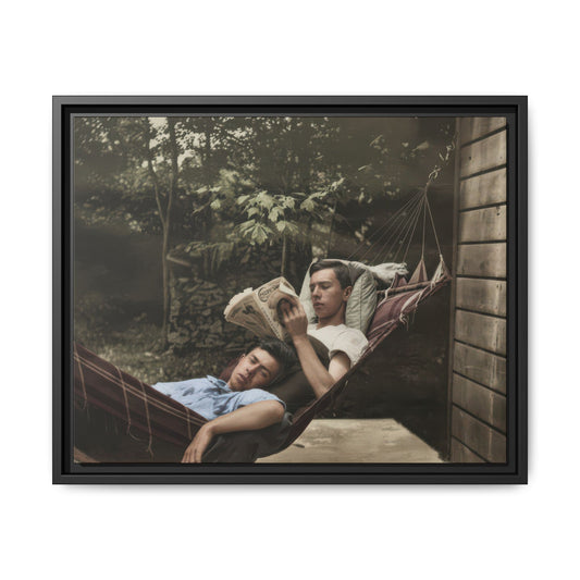 Historical leisure portrait showing one figure reading a newspaper while another reclines in a hammock