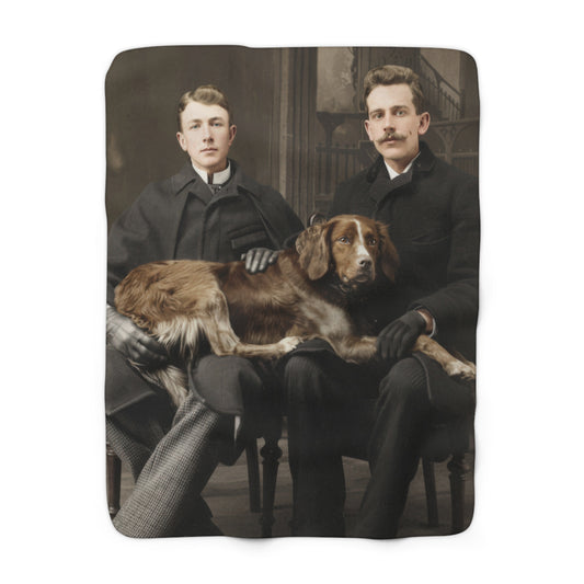 Heirloom sherpa blanket featuring two young men seated with a dog in formal attire 