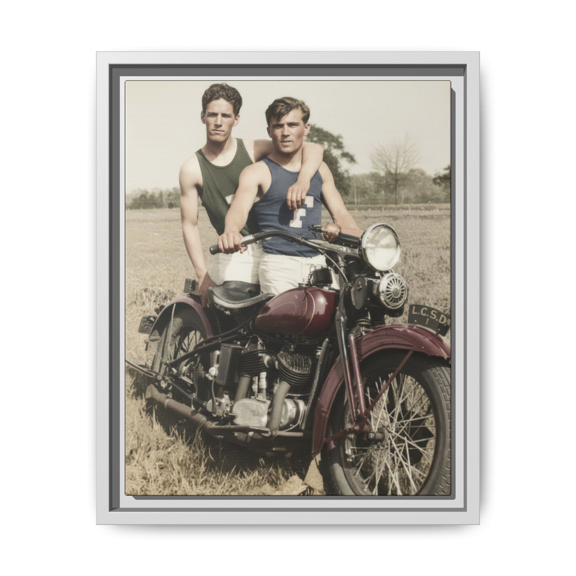 Historical motorcycle portrait wall art from the Walt & Pete collection