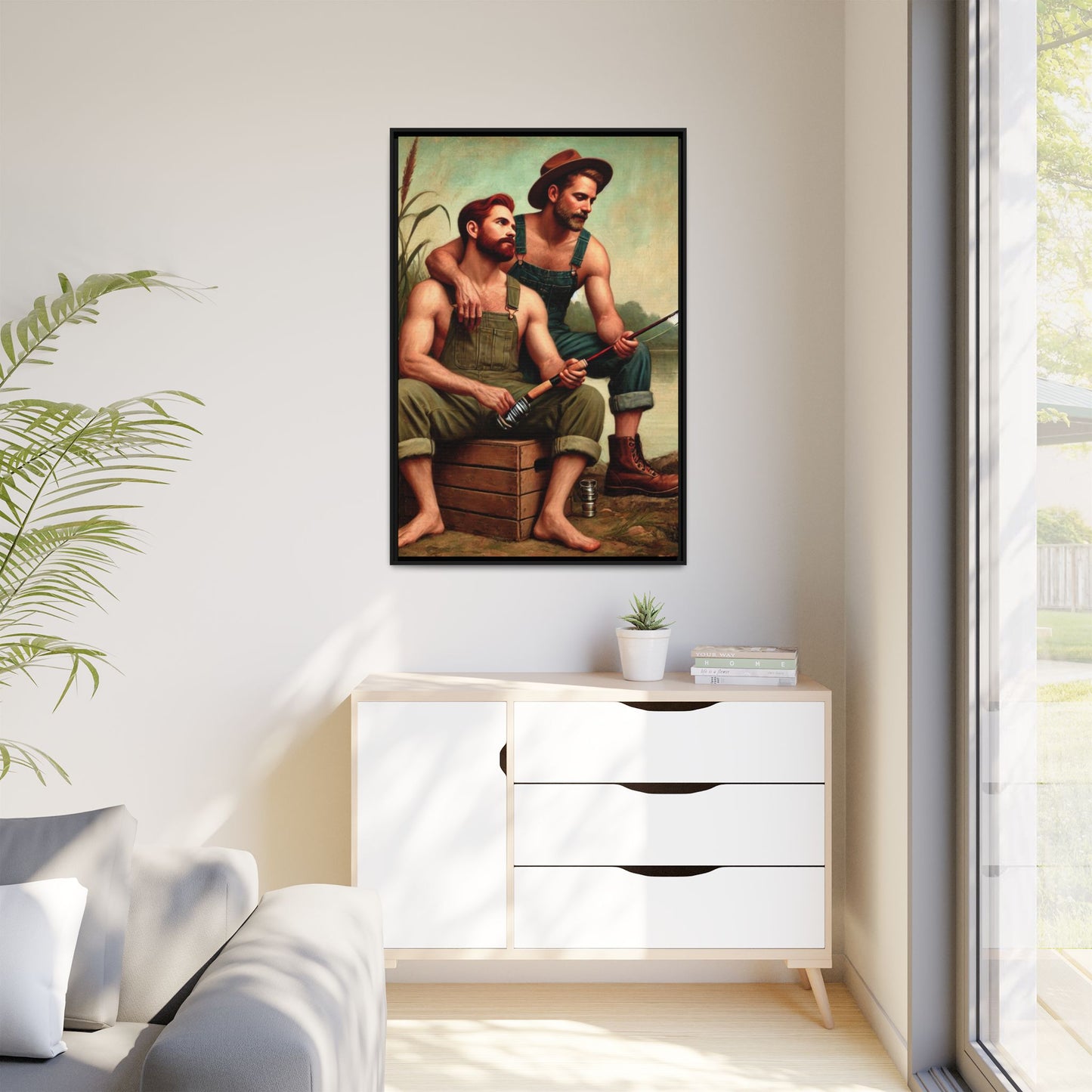 Vintage-style artwork of a gay couple fishing by a tranquil lake in the 1930s, celebrating love and nature.