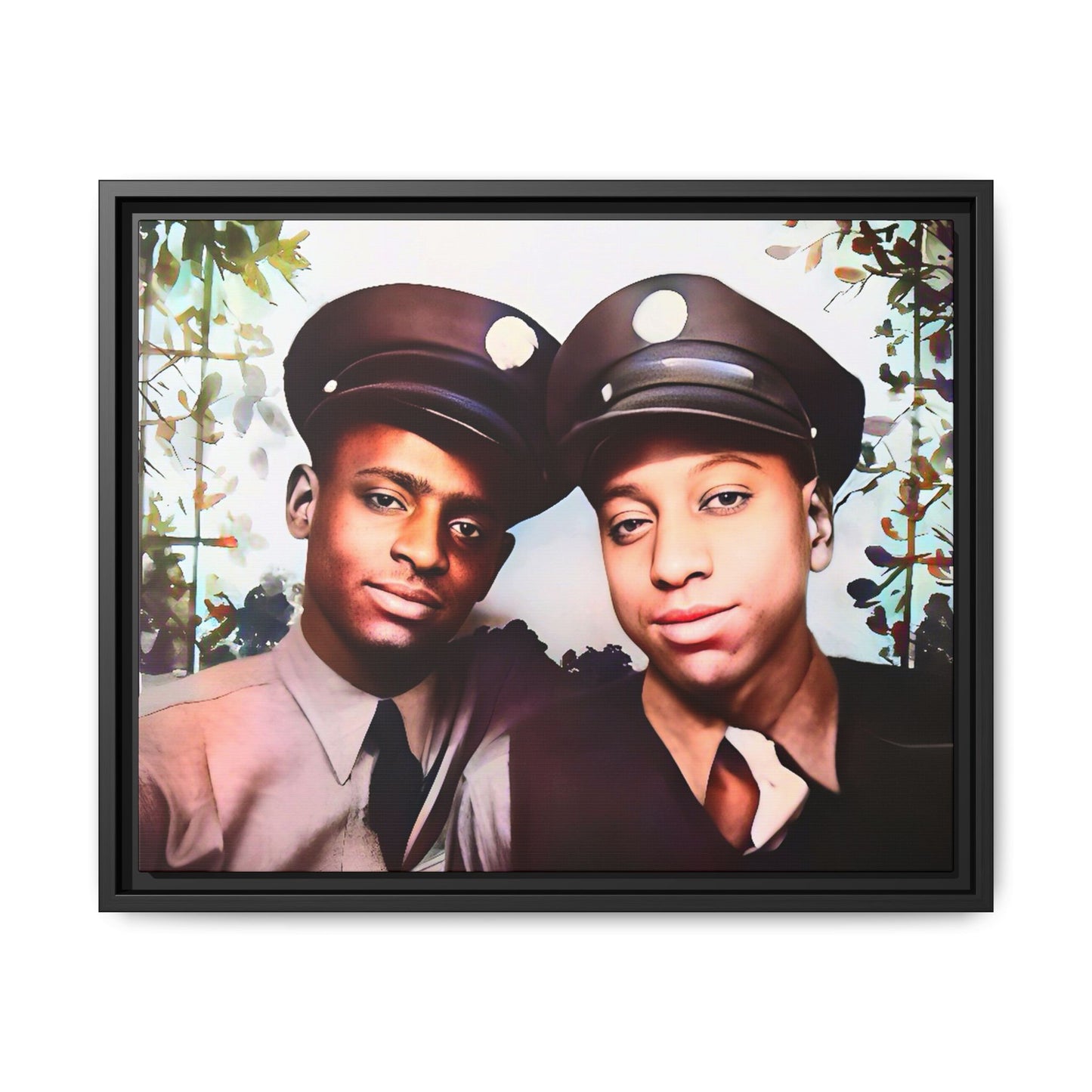 Restored vintage photo of Deion & Marcus, an African-American couple in uniforms, Lexington KY, framed canvas art