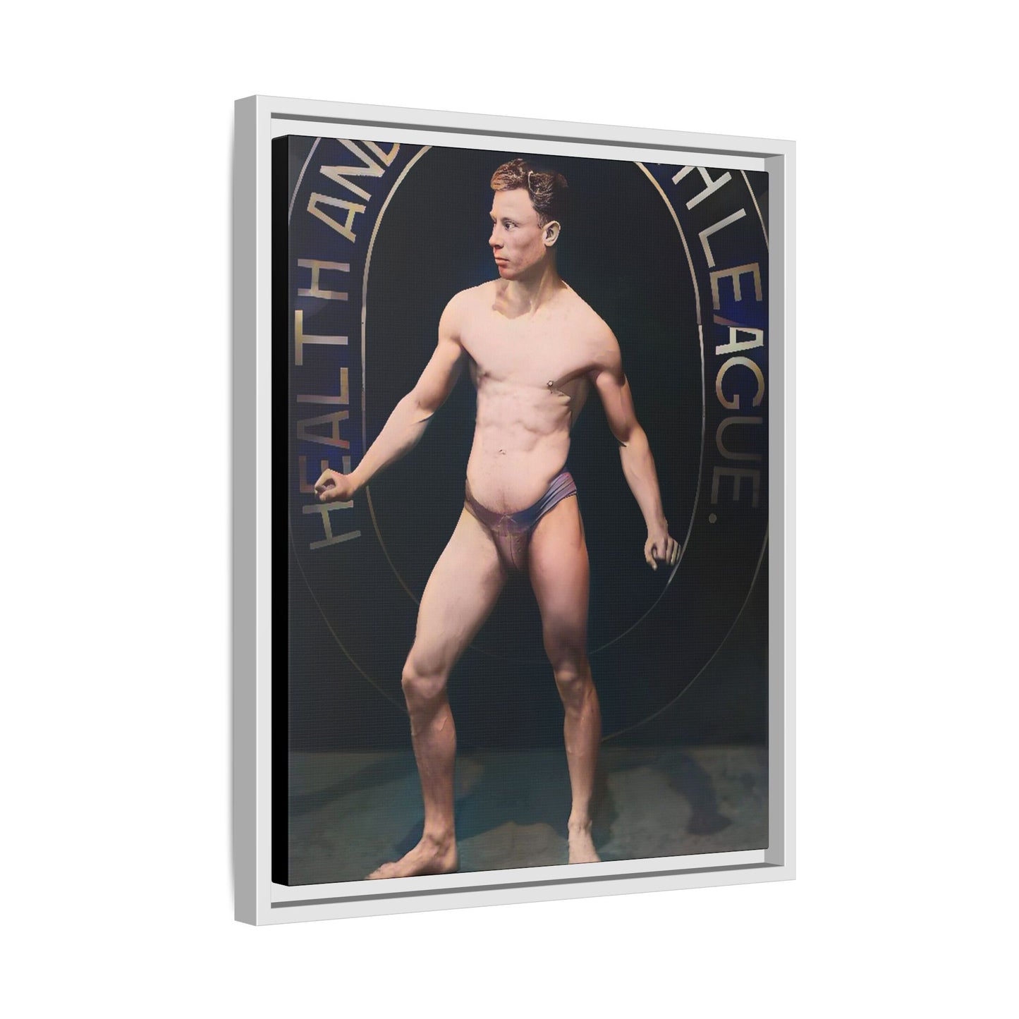 Restored vintage photo of Robert, a young bodybuilder from Manchester, UK, circa early 20th century, framed canvas.