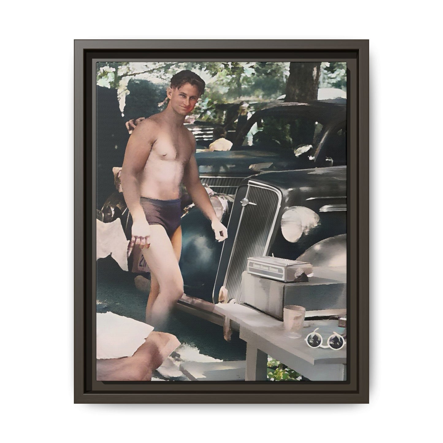 Restored 1930s photo of Jude standing by a vintage roadster in Cleveland OH, framed matte canvas art.