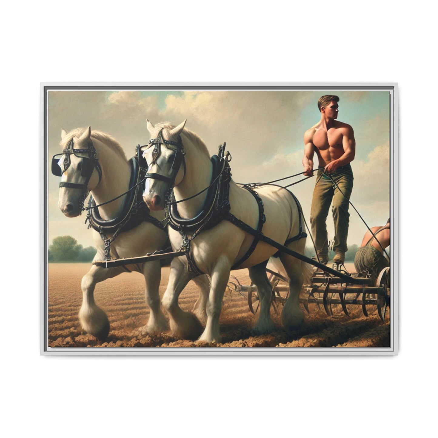 Vintage-style artwork of a shirtless man plowing a field with white horses, celebrating rural life and resilience.