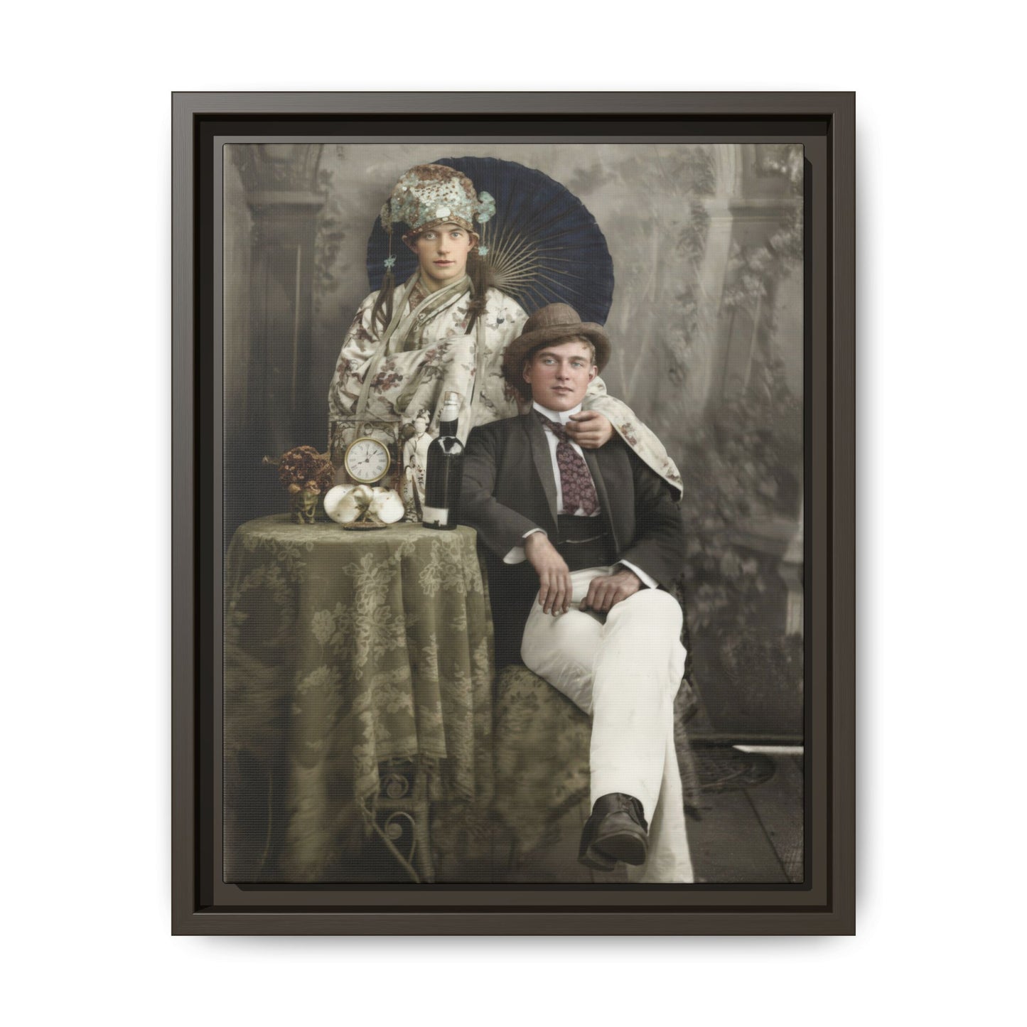 2.	historical studio portrait with parasol and decorative props vintage wall art
