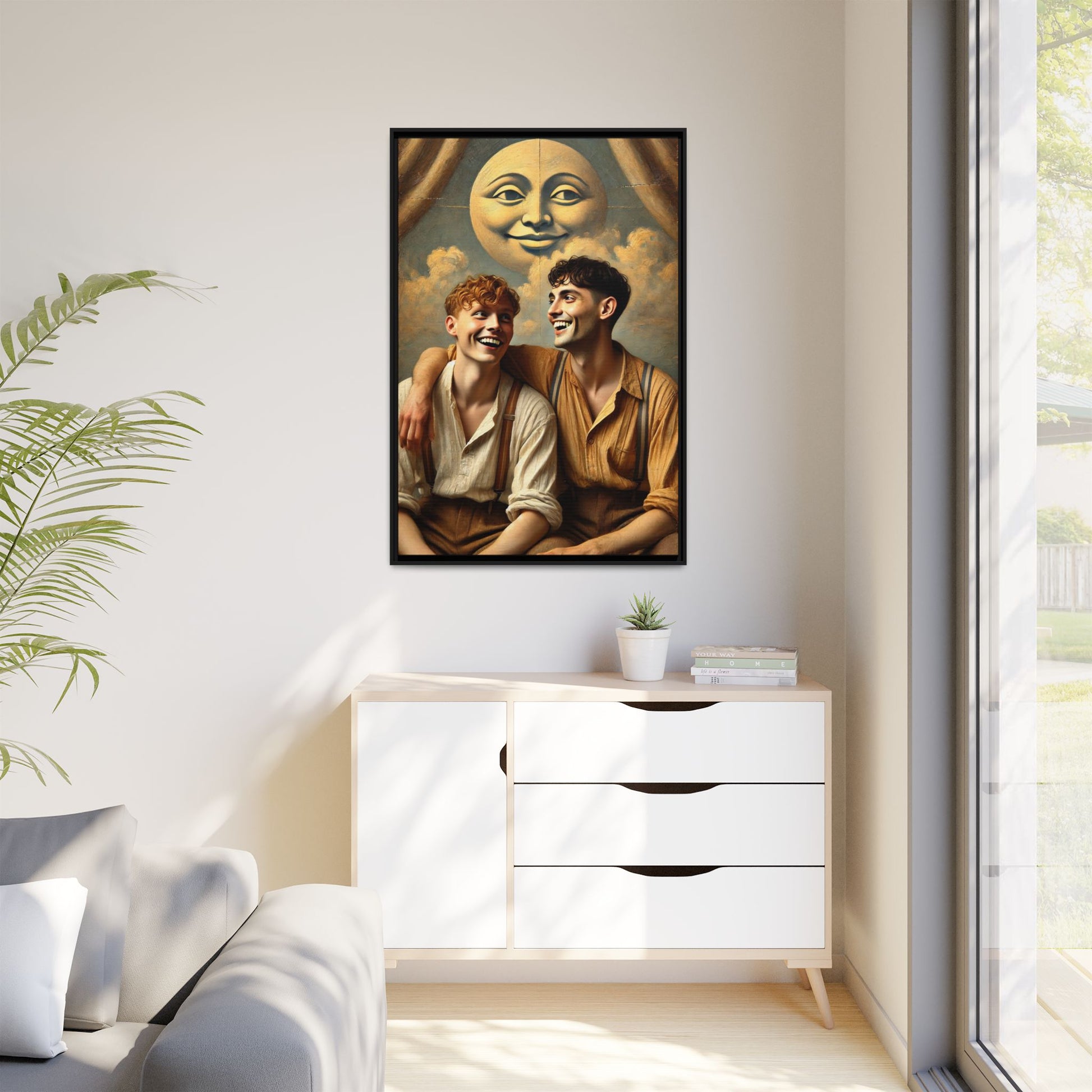 Queer artwork of two joyful young men dressed in vintage clothing with rolled sleeves and suspenders, laughing under a large moon prop in a dreamy studio scene. A celebration of love and resilience reclaimed from forgotten queer histories.