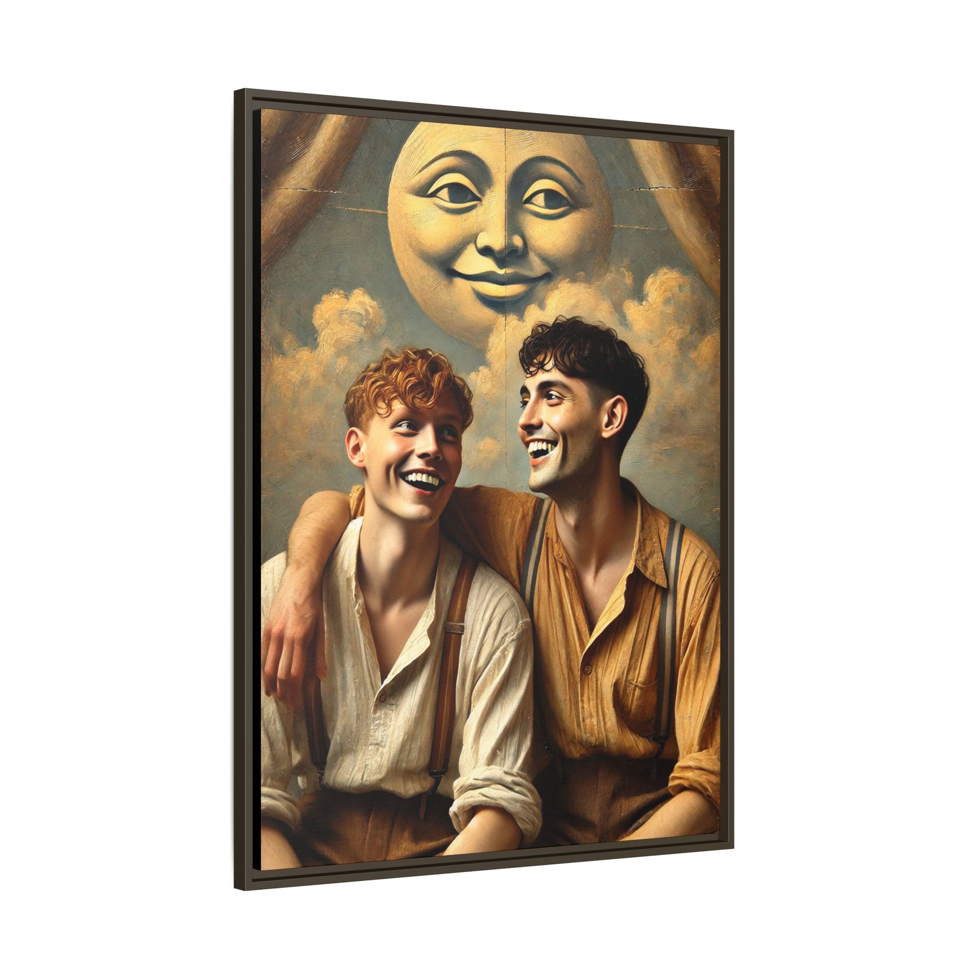 Queer artwork of two joyful young men dressed in vintage clothing with rolled sleeves and suspenders, laughing under a large moon prop in a dreamy studio scene. A celebration of love and resilience reclaimed from forgotten queer histories.