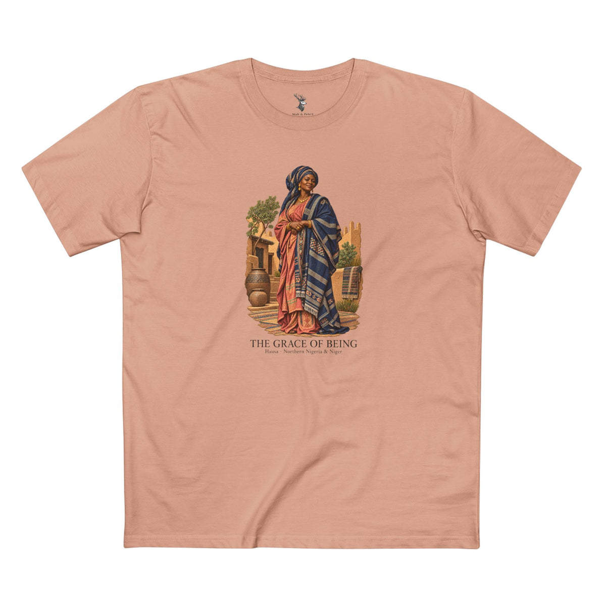 Light T-shirt featuring a Hausa-inspired portrait in indigo and rose clothing, with charcoal lettering reading The Grace of Being, Hausa · Northern Nigeria & Niger.