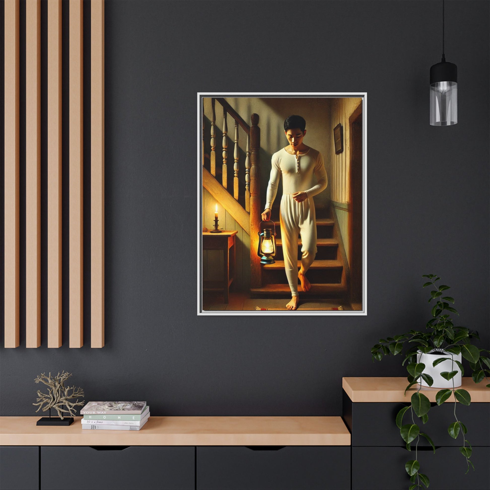 Framed artwork of an Asian-American man wearing long johns underwear holding a lantern on a staircase, inspired by Grant Wood’s style.