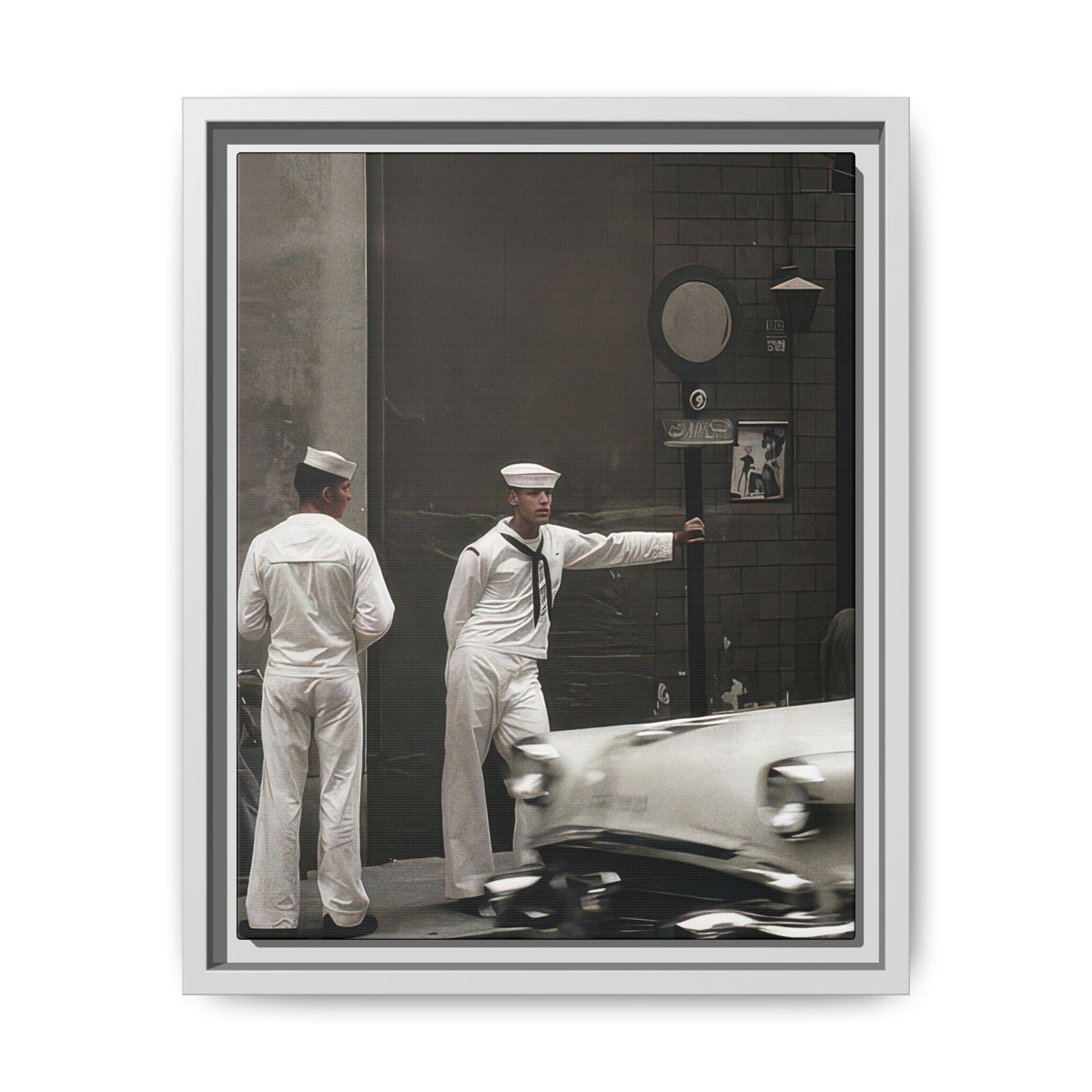 Mid-century street photograph showing sailors, Crazy Cat signage, and a moving automobile, reproduced on framed matte canvas.