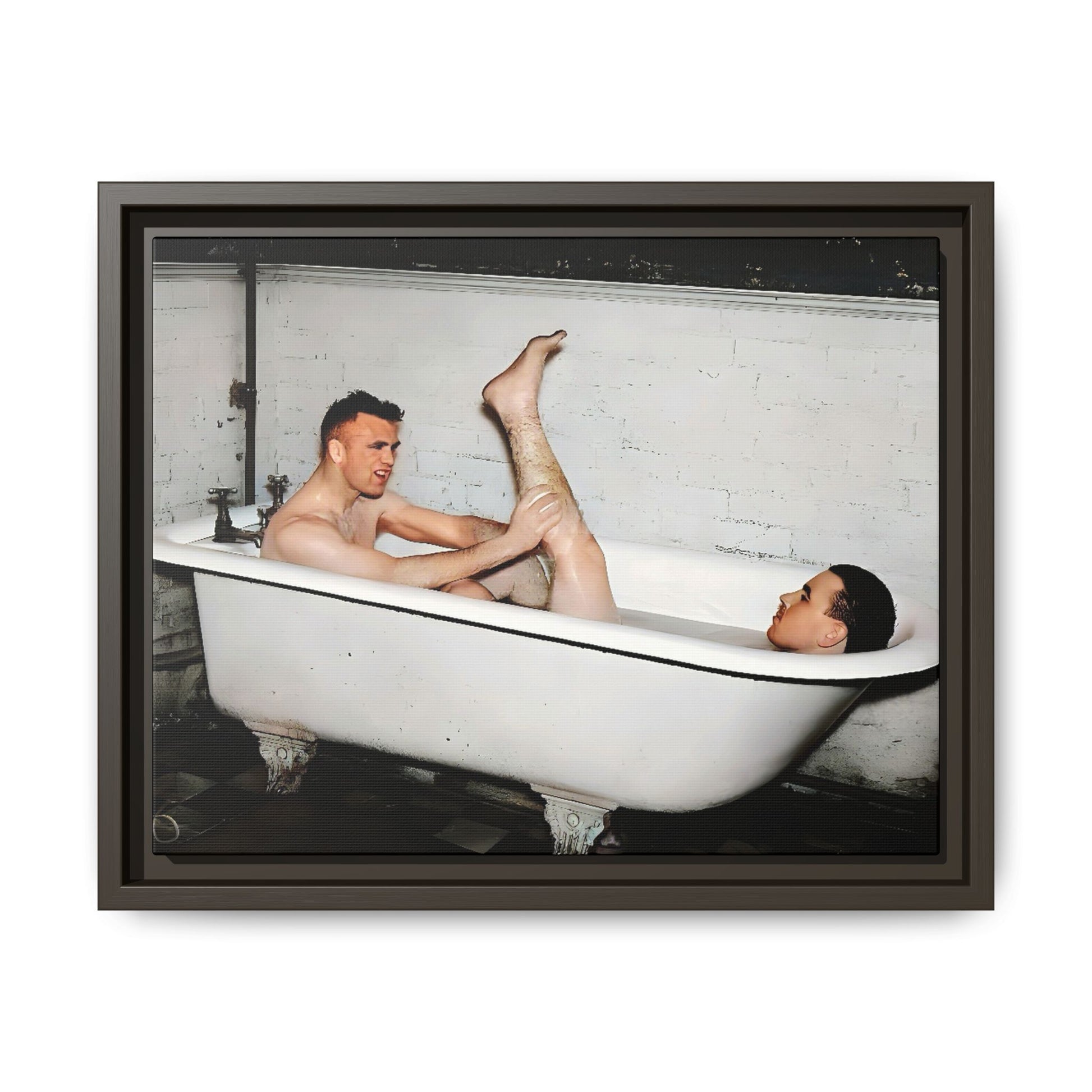 Restored vintage photo of Leon & Michael, a playful gay couple in a clawfoot bathtub, early 20th century, framed canvas.