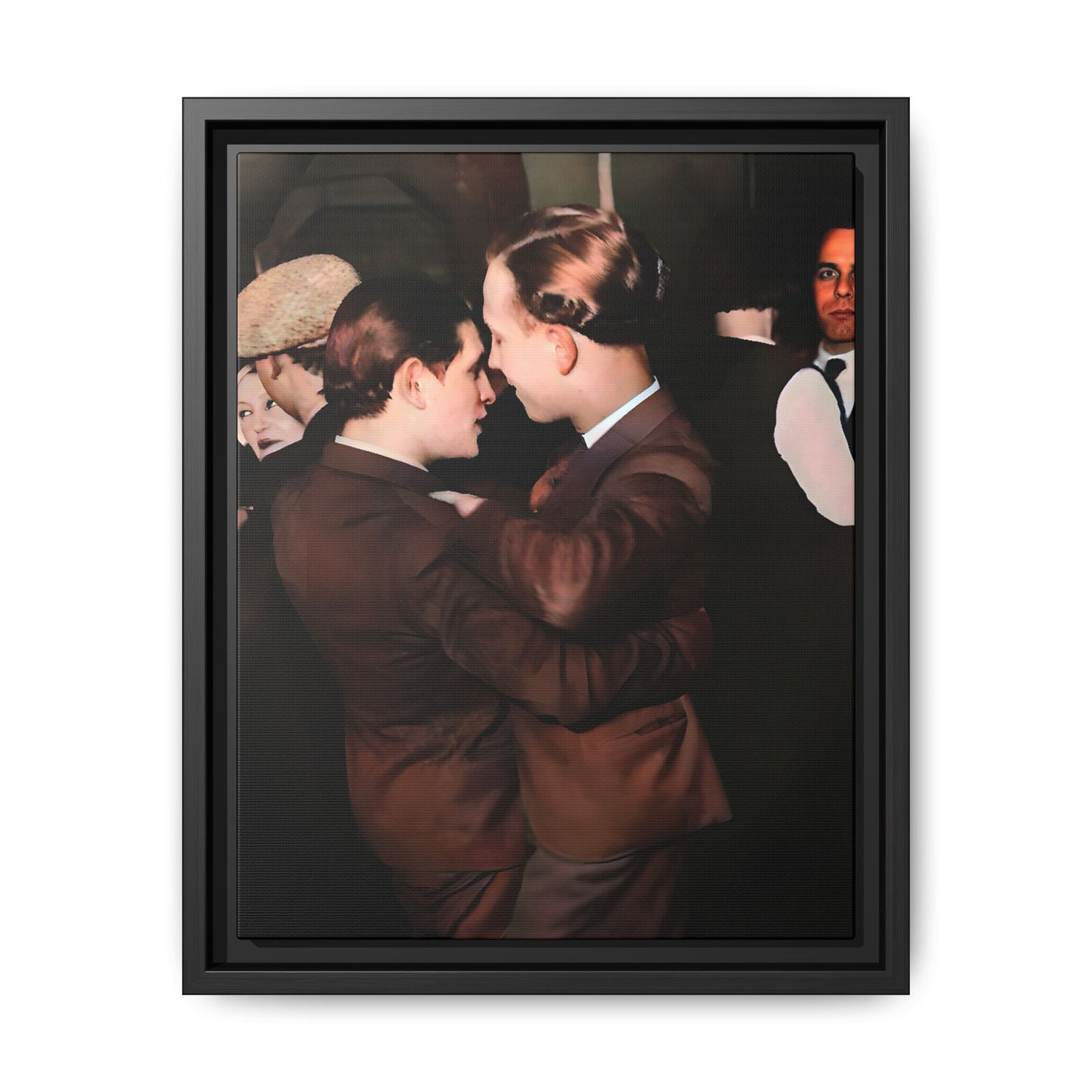 Restored vintage photo of Bernard & Leroy, a gay couple dancing at an elegant gathering in Atlanta GA, framed canvas art.