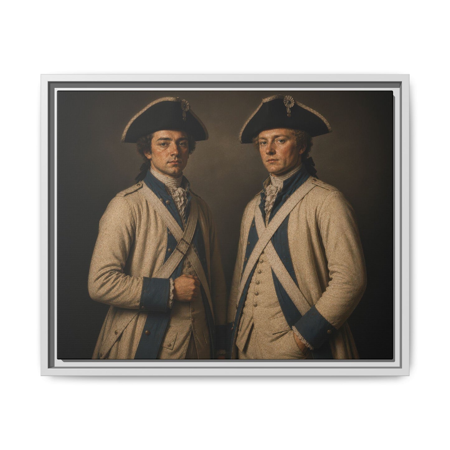 Museum-inspired double portrait of French alliance soldiers from the American Revolution, framed matte canvas artwork