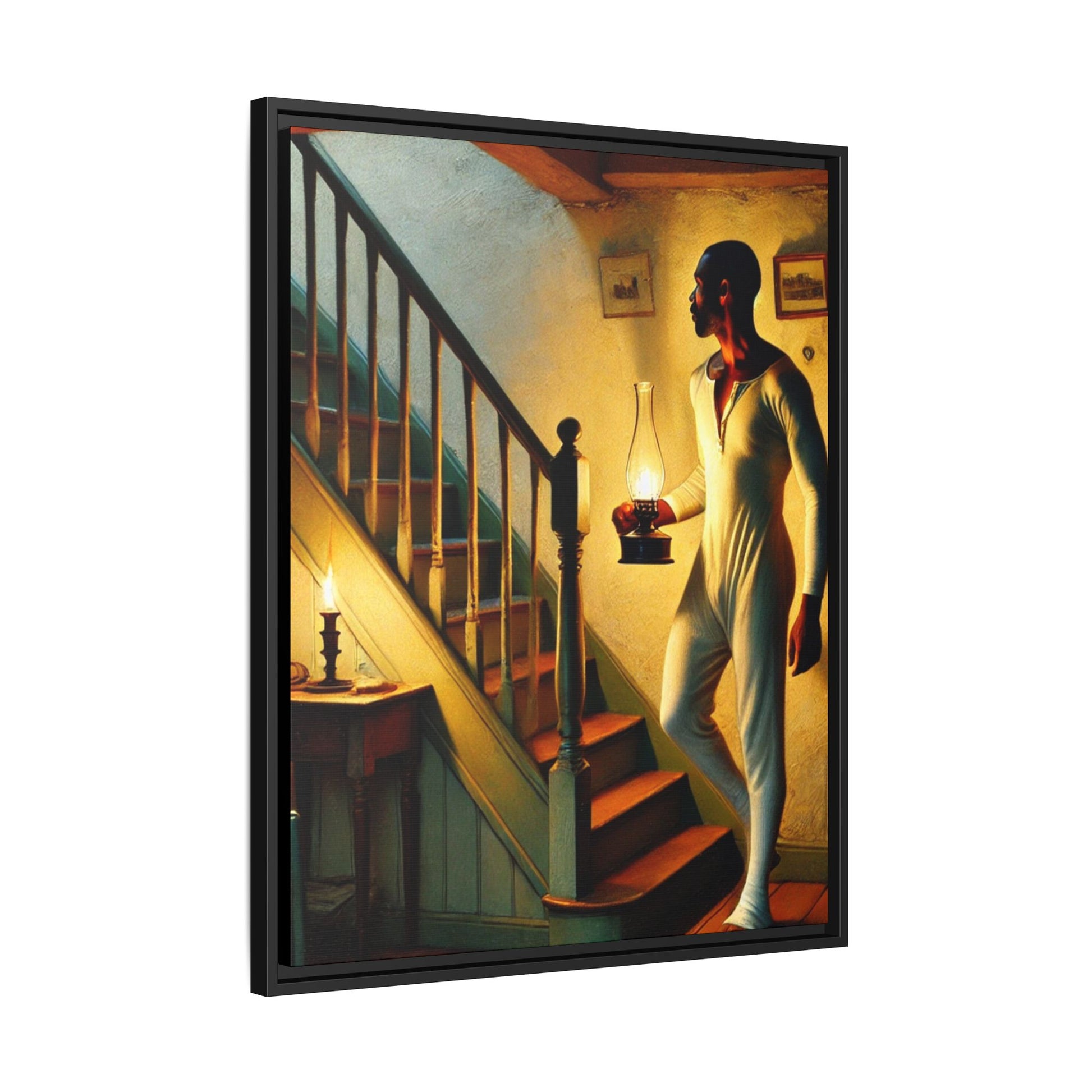 Framed artwork of an African-American man holding a lantern on a staircase, inspired by Grant Wood's style.