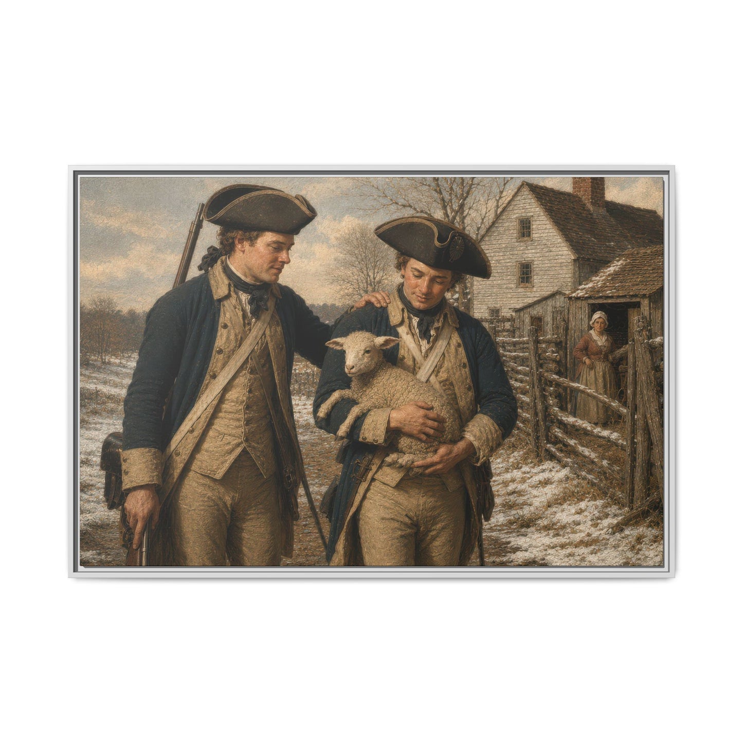Continental Army soldiers and lamb in a winter rural landscape, historical canvas artwork.