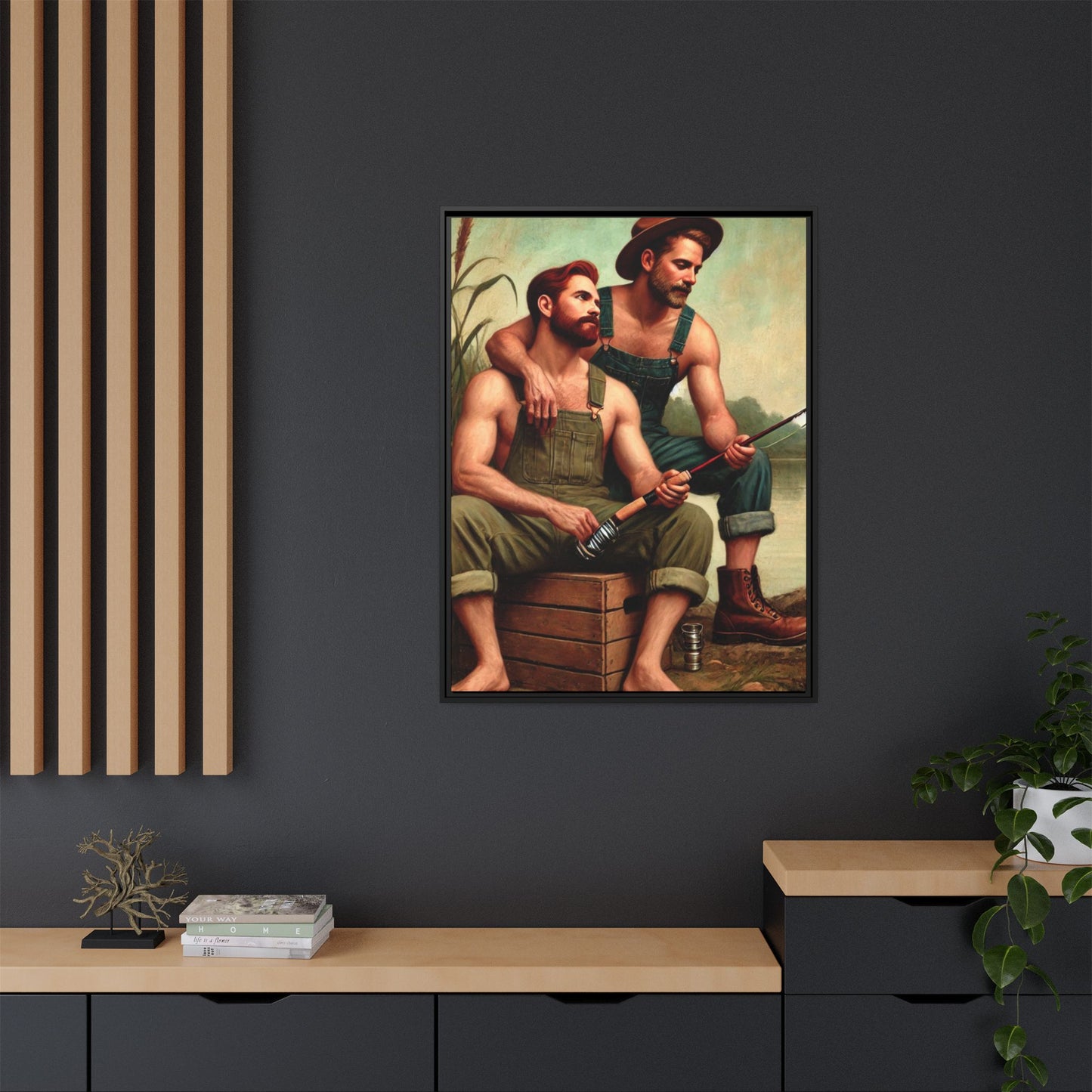 Vintage-style artwork of a gay couple fishing by a tranquil lake in the 1930s, celebrating love and nature.