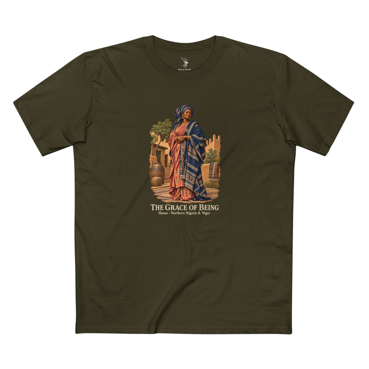 Dark T-shirt featuring a Hausa-inspired portrait in indigo and rose clothing, with ivory lettering reading The Grace of Being, Hausa · Northern Nigeria & Niger.