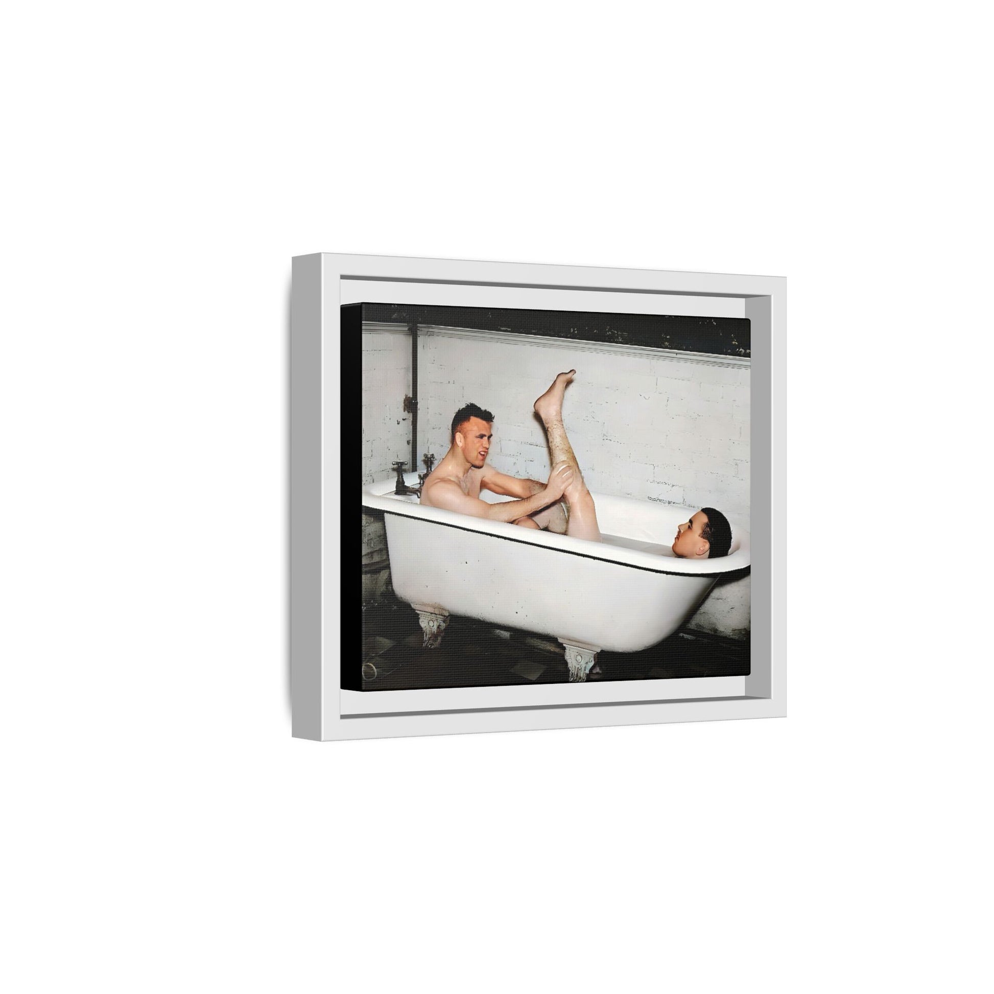 Restored vintage photo of Leon & Michael, a playful gay couple in a clawfoot bathtub, early 20th century, framed canvas.