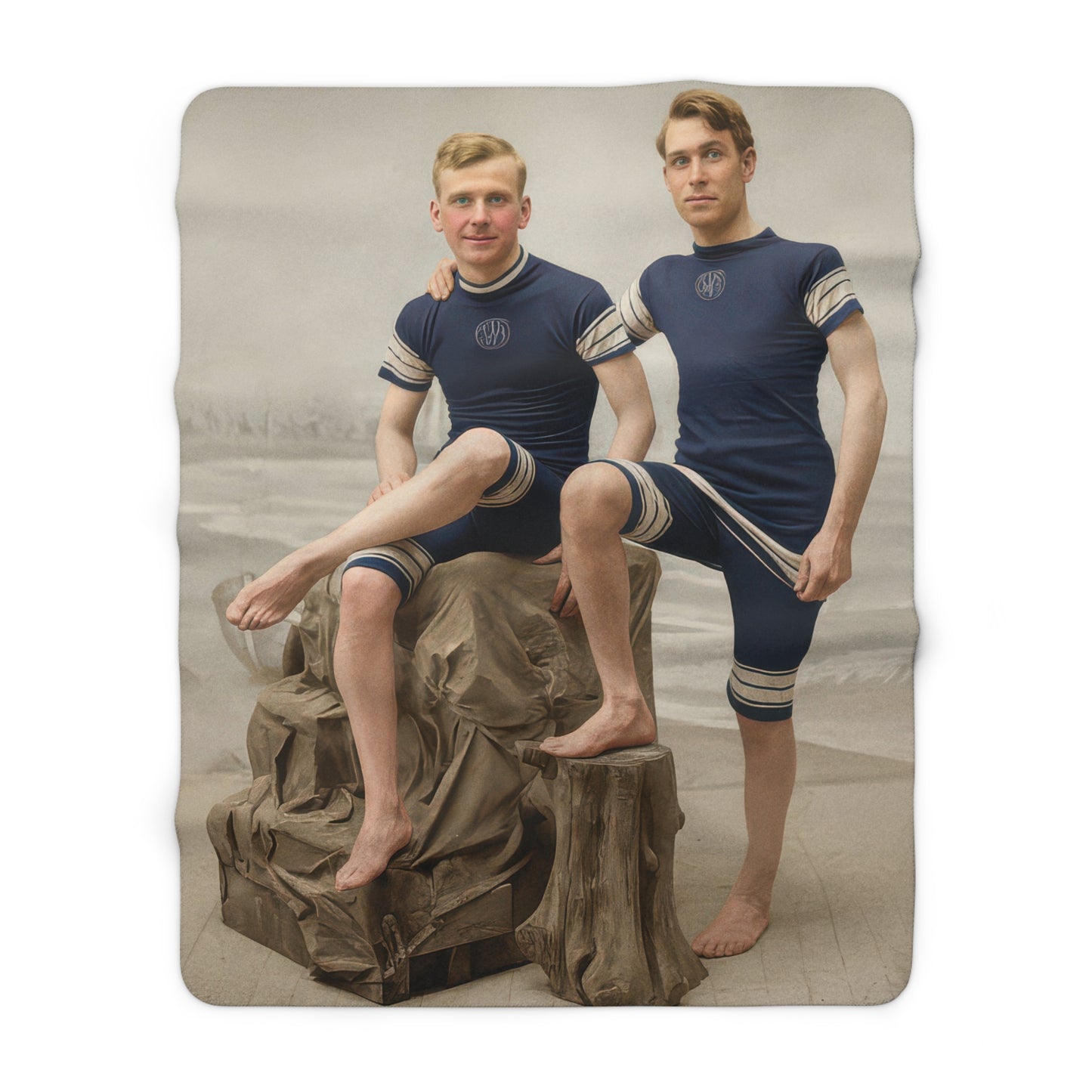 Vintage bathing portrait sherpa throw with restored historical swimwear imagery 