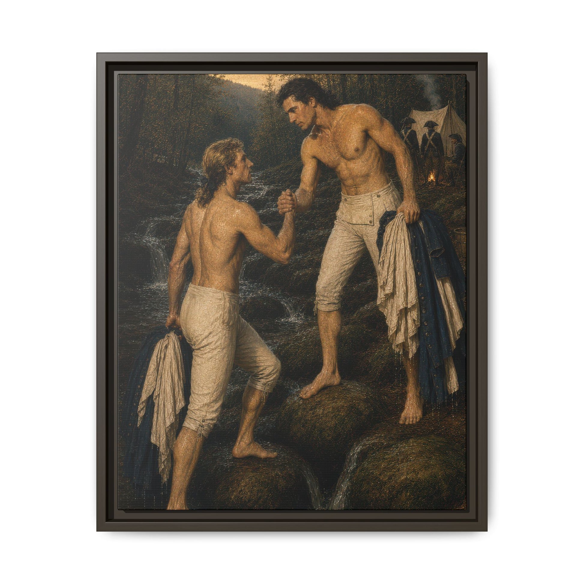 Historical oil-style painting depicting two Continental Army enlisted soldiers helping one another across stream rocks in a wooded camp.