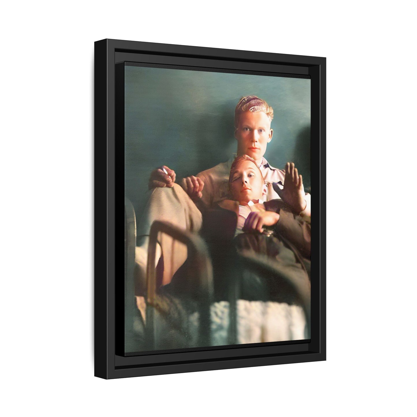 Vintage LGBTQ+ love portrait of Balfour & Strom in Mobile, Alabama. A restored historic photograph capturing timeless affection and connection, available as a museum-quality matte canvas print with handcrafted frame options. Gay Couple