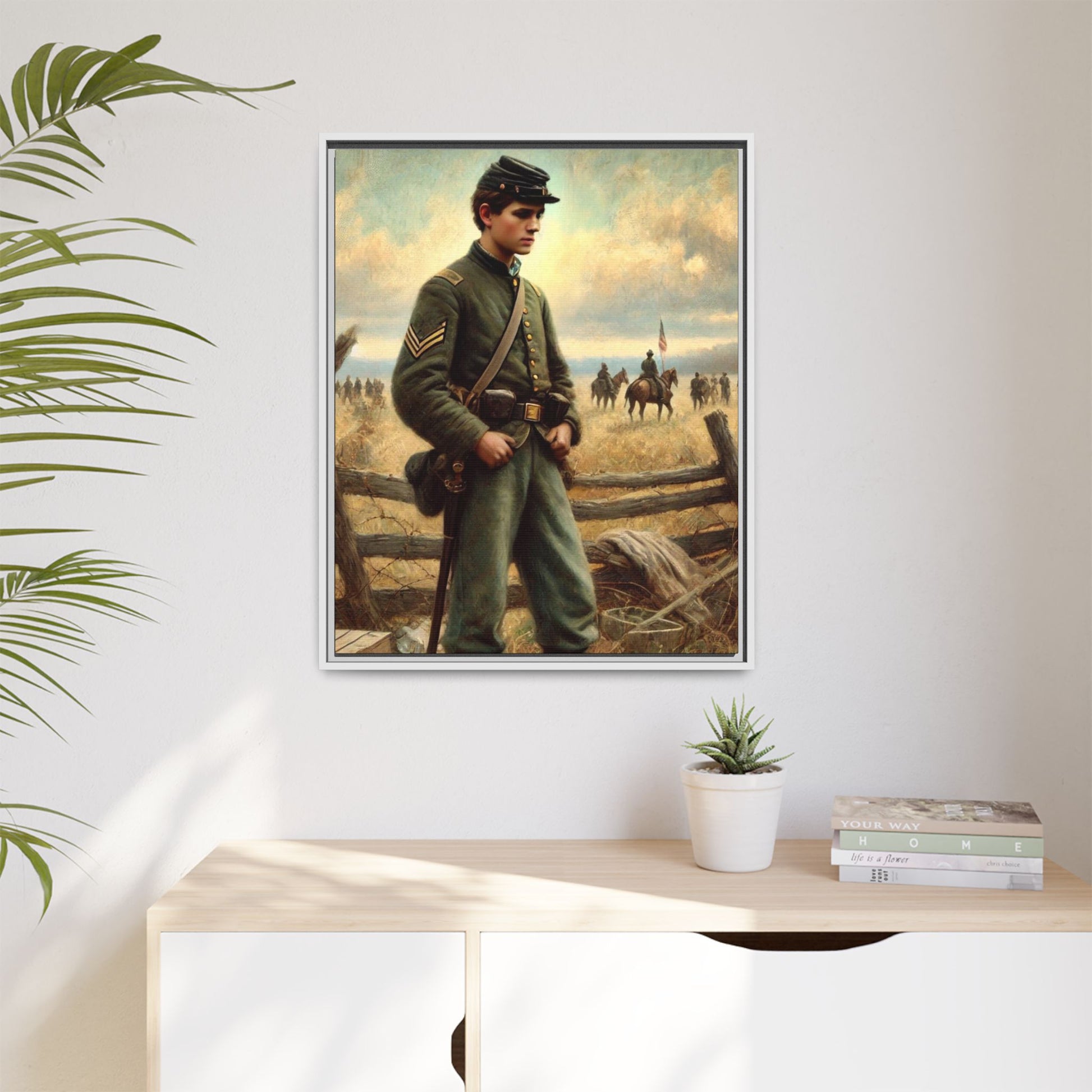 Framed artwork of a young Civil War Union soldier inspired by Walt Whitman’s Drum-Taps poems and Grant Wood's style, depicting battlefield sacrifice, humanity, and historical charm.