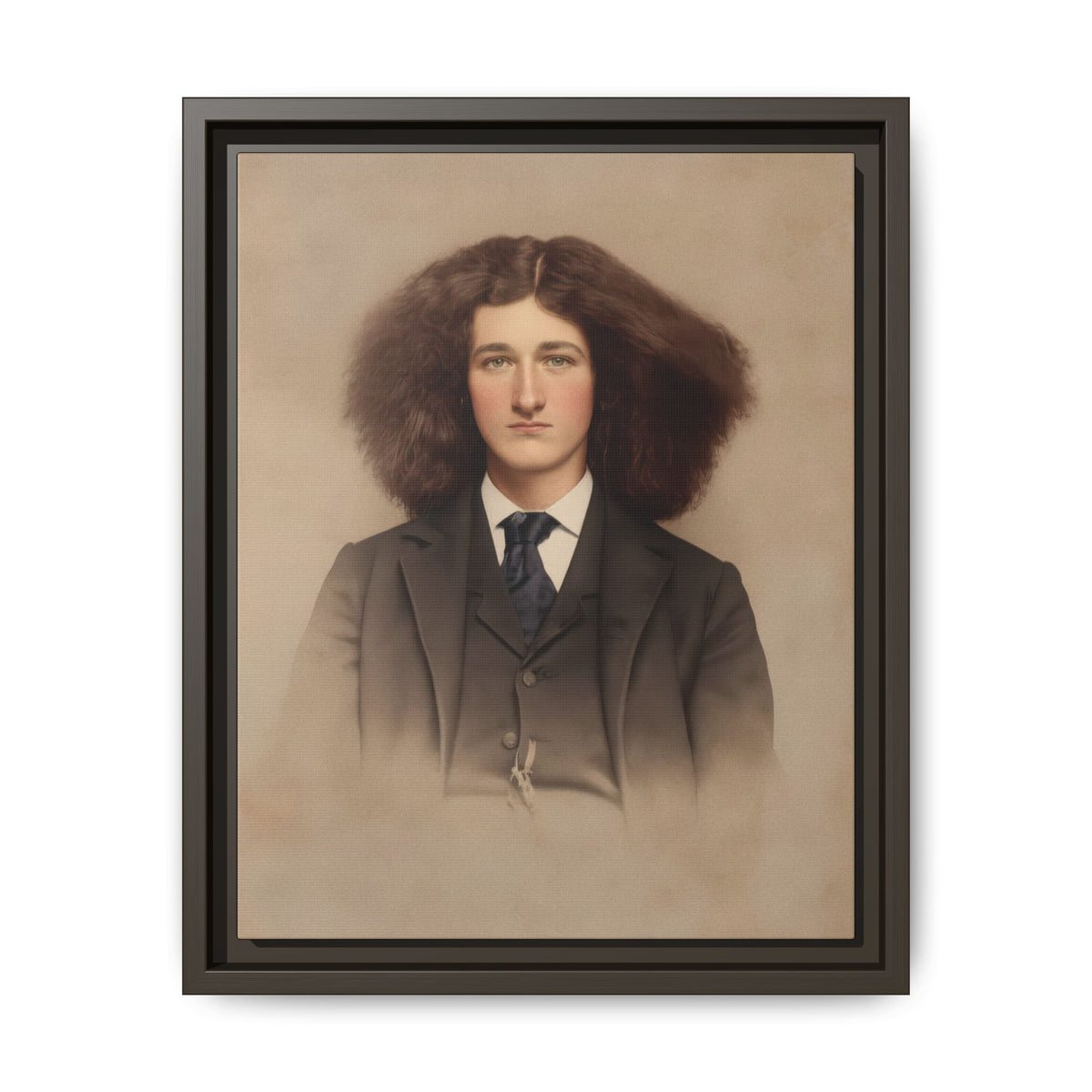 Long, center-parted brown hair frames the sitter’s face above a buttoned waistcoat and blue necktie in Célibataire 033.