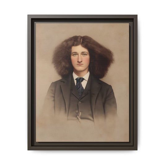 Long, center-parted brown hair frames the sitter’s face above a buttoned waistcoat and blue necktie in Célibataire 033.