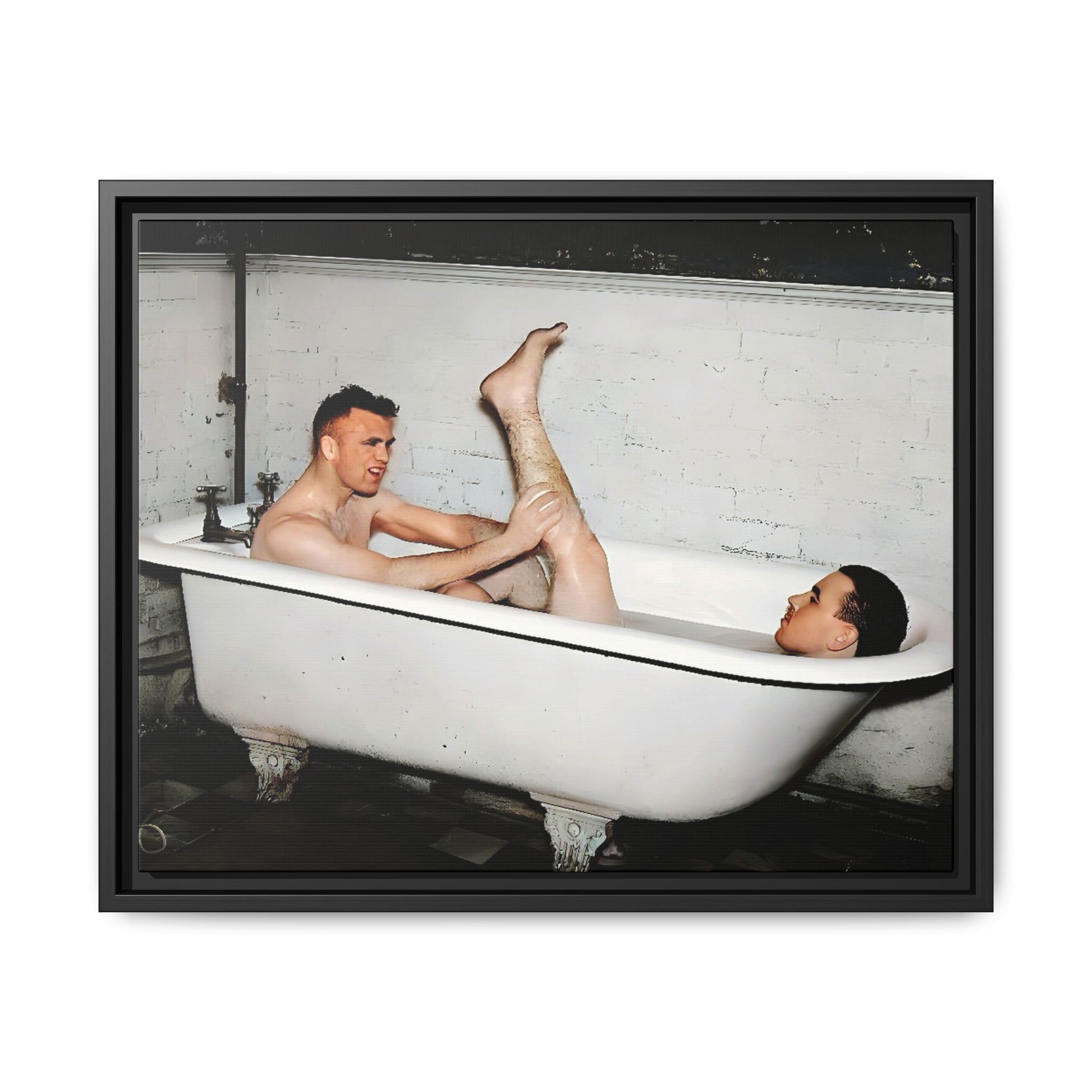 Restored vintage photo of Leon & Michael, a playful gay couple in a clawfoot bathtub, early 20th century, framed canvas.