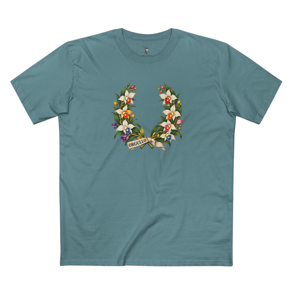 Guatemalan Monja Blanca orchid Pride wreath with colorful accents and deep plum ORGULLO text for light shirts