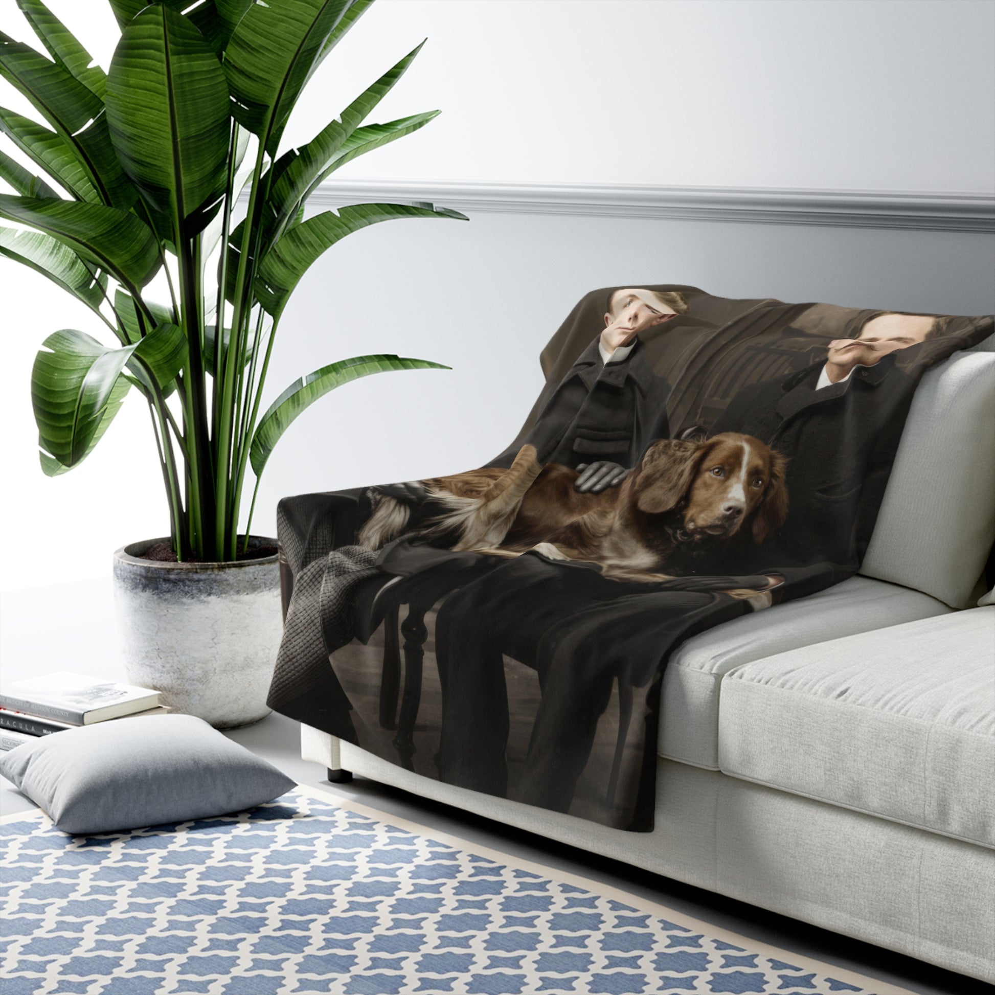 Historical sherpa blanket with vintage dog portrait and formal seated composition 