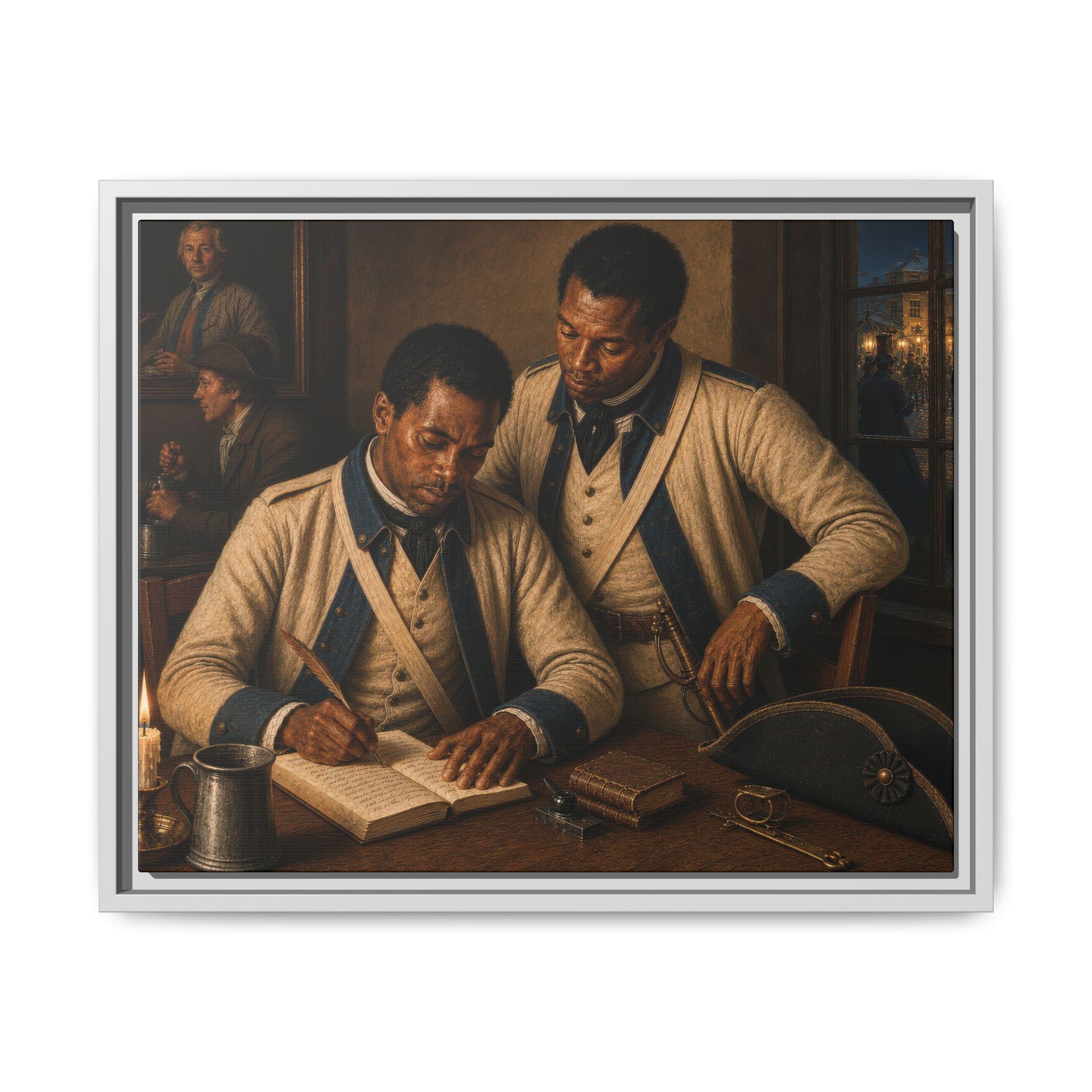 Historical oil-style canvas depicting two Black soldiers in French military uniforms with ledger, tricorn hat, and writing implements. 